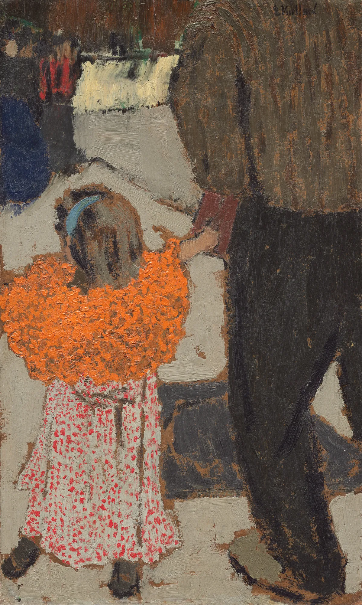 Child Wearing a Red Scarf Child Wearing a Red Scarf by Édouard Vuillard. A young child seen from behind in a bright orange wrap and a red-patterned dress walks beside a tall adult figure.