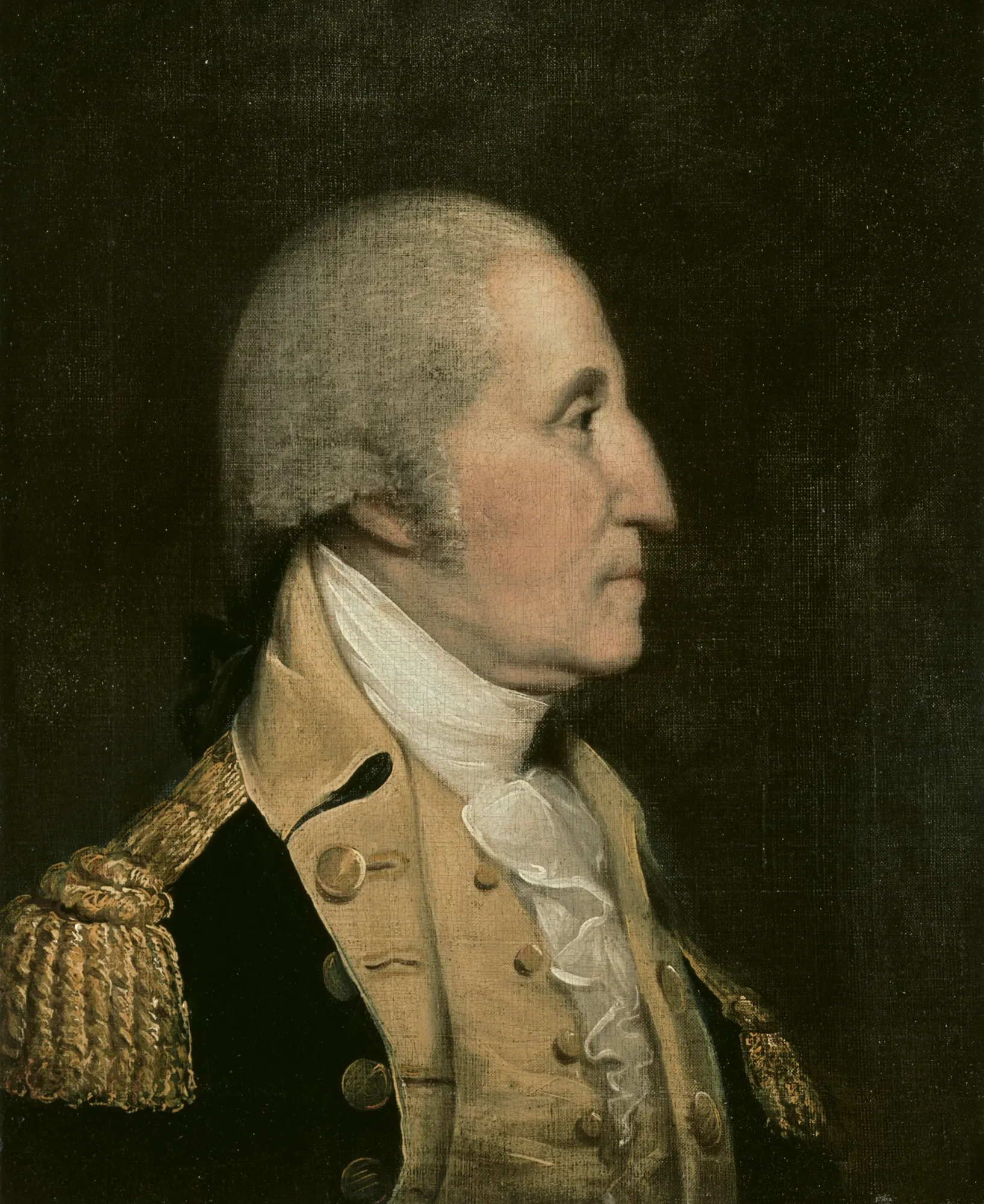 George Washington George Washington by Unknown Artist. A profile portrait of George Washington in a dark military uniform with gold epaulettes, set against a solid dark background.