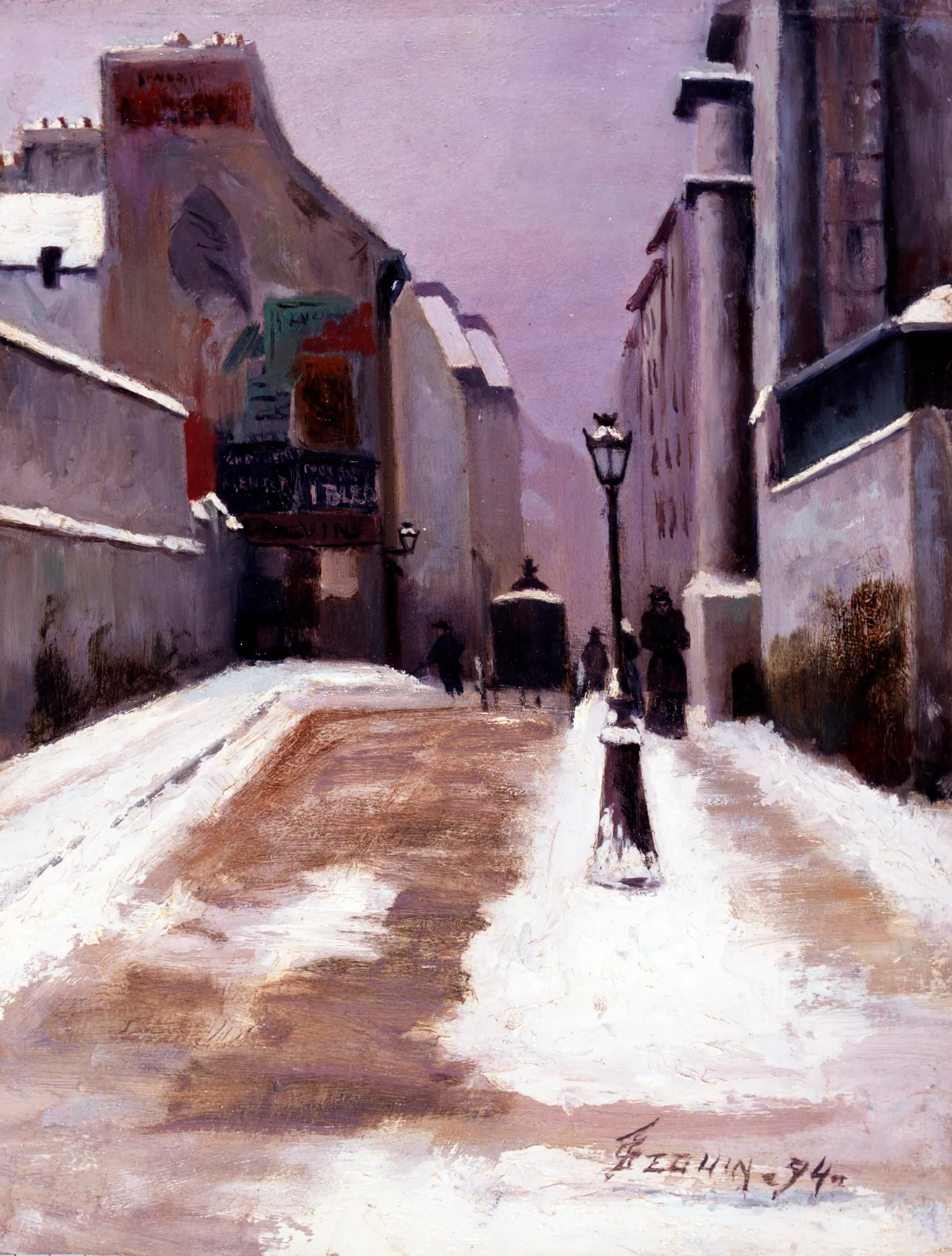 Une rue à Paris (Effet de neige) Une rue à Paris (Effet de neige) by F. Séguin. A snowy street in Paris at dusk, featuring a lamp post, figures in dark winter clothing, and a horse-drawn carriage against tall buildings.