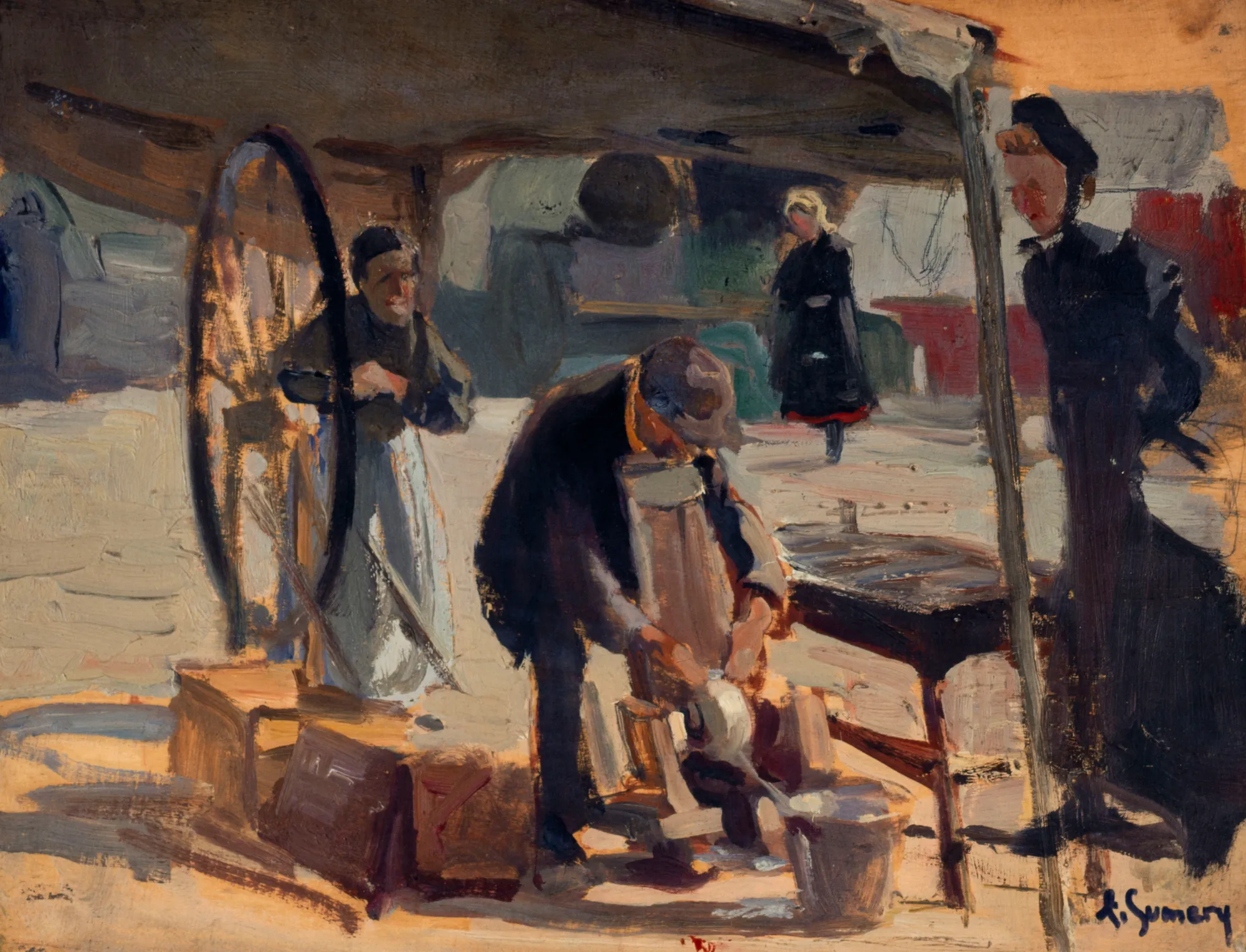 Rémouleur à Passy Rémouleur à Passy by Adolphe Gumery. An impressionistic genre painting depicting a knife grinder at work in a sunlit outdoor space with figures looking on.