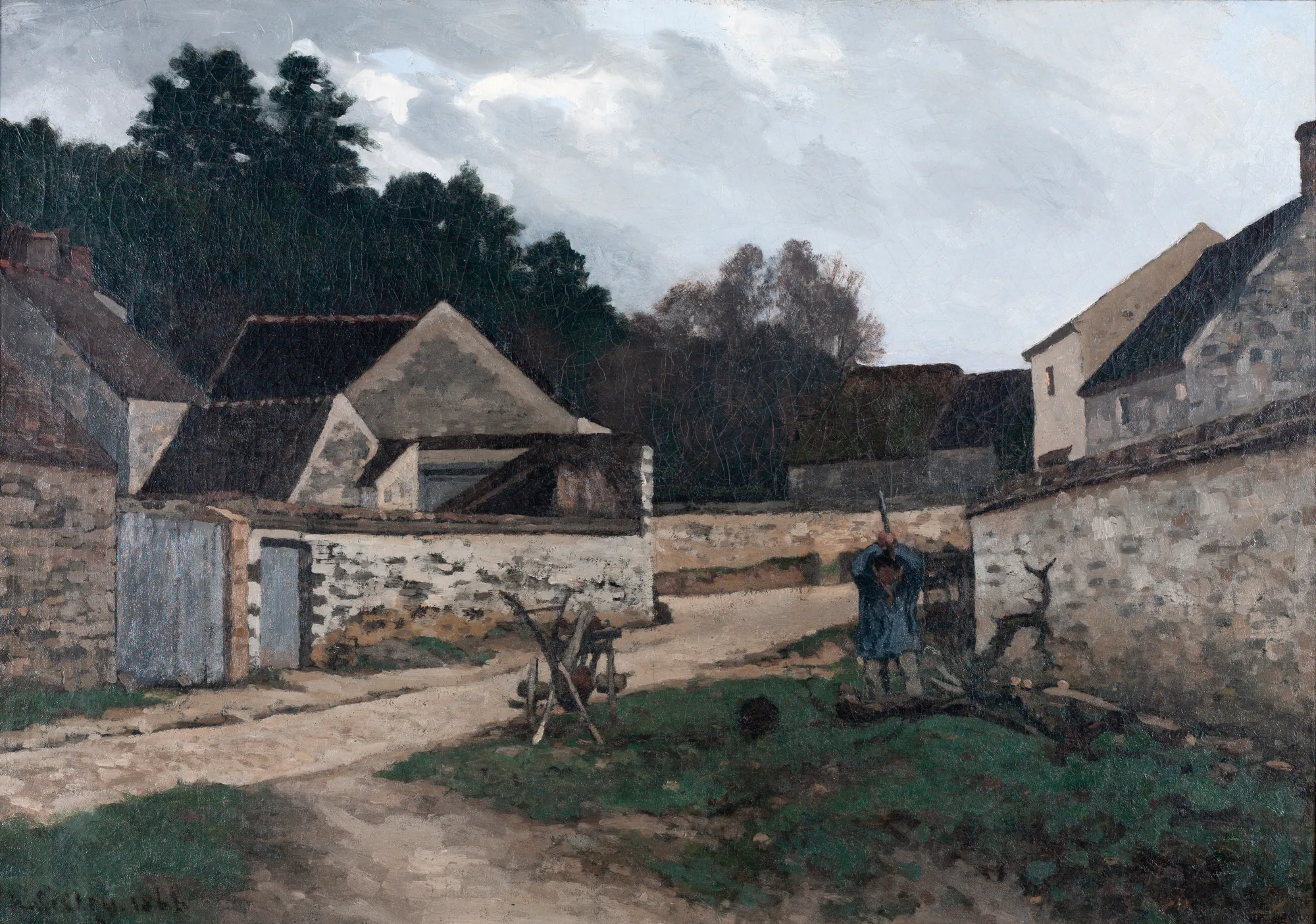 Village Street in Marlotte Village Street in Marlotte by Alfred Sisley. An early Impressionist oil painting depicting a winding dirt path between stone village buildings and walls under a cloudy, overcast sky.