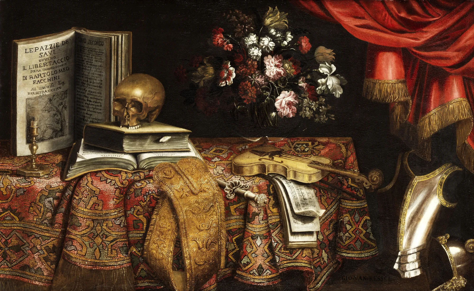 Vanitas Still Life with Violin, Score, Flower Vase, and a Skull