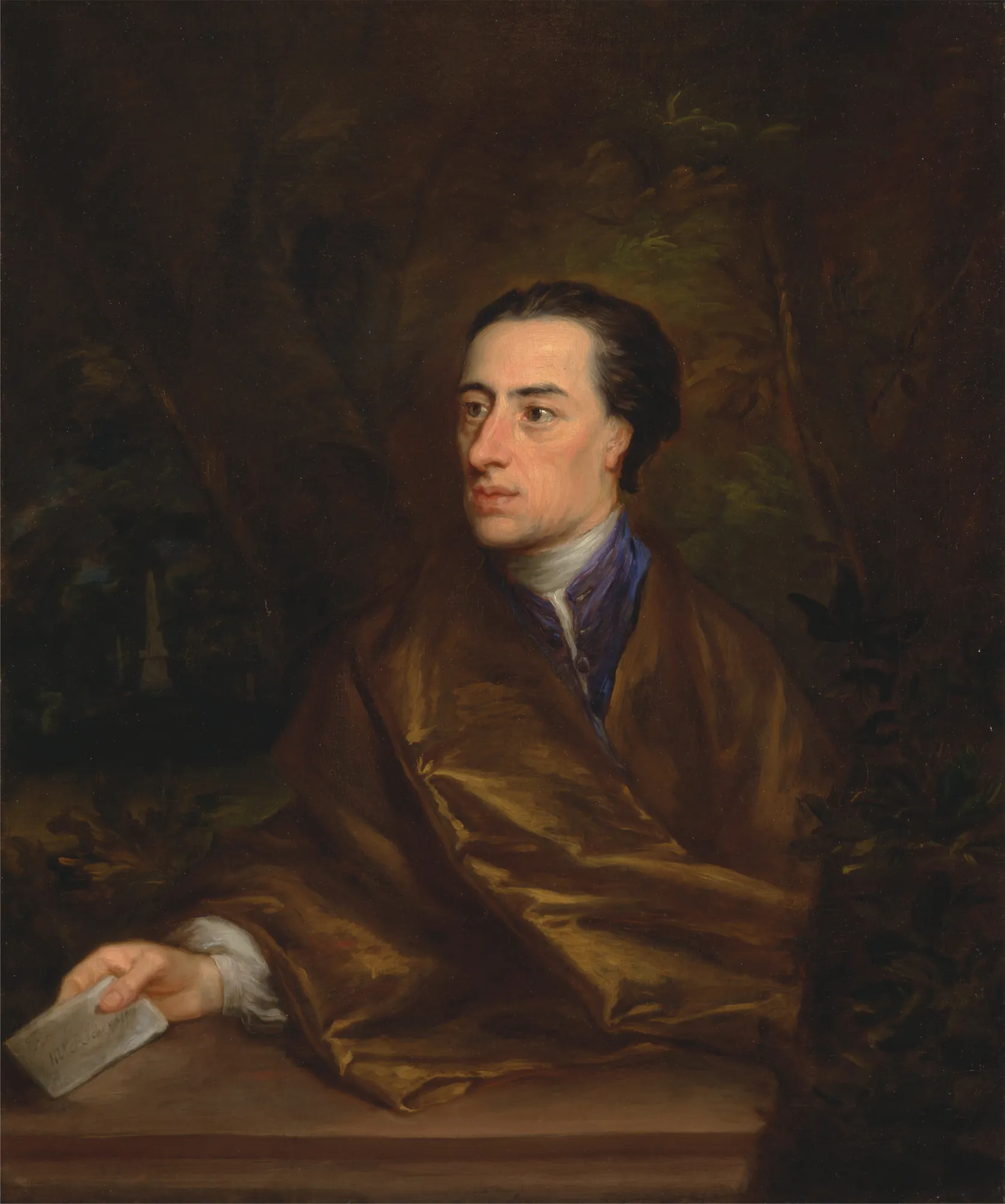 Alexander Pope Alexander Pope by Jonathan Richardson. A half-length portrait of a man in a rich brown cloak holding a letter against a dark, atmospheric background.