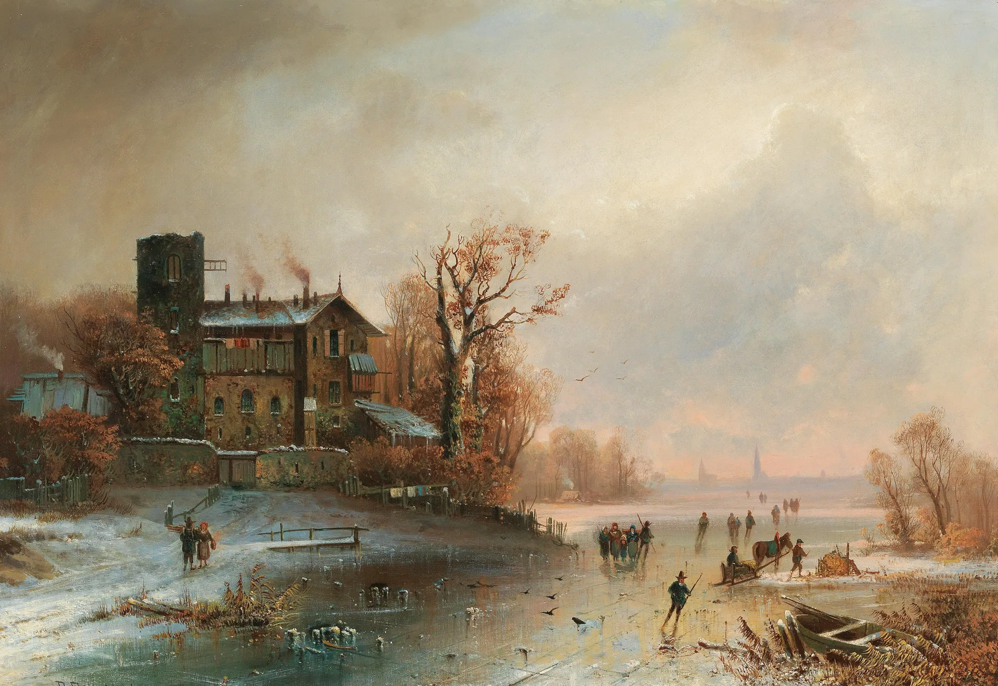 Winter Pleasures Winter Pleasures by Anton Doll. A lively winter landscape featuring skaters and sleds on a frozen river beside a large stone building under an atmospheric, hazy sky.