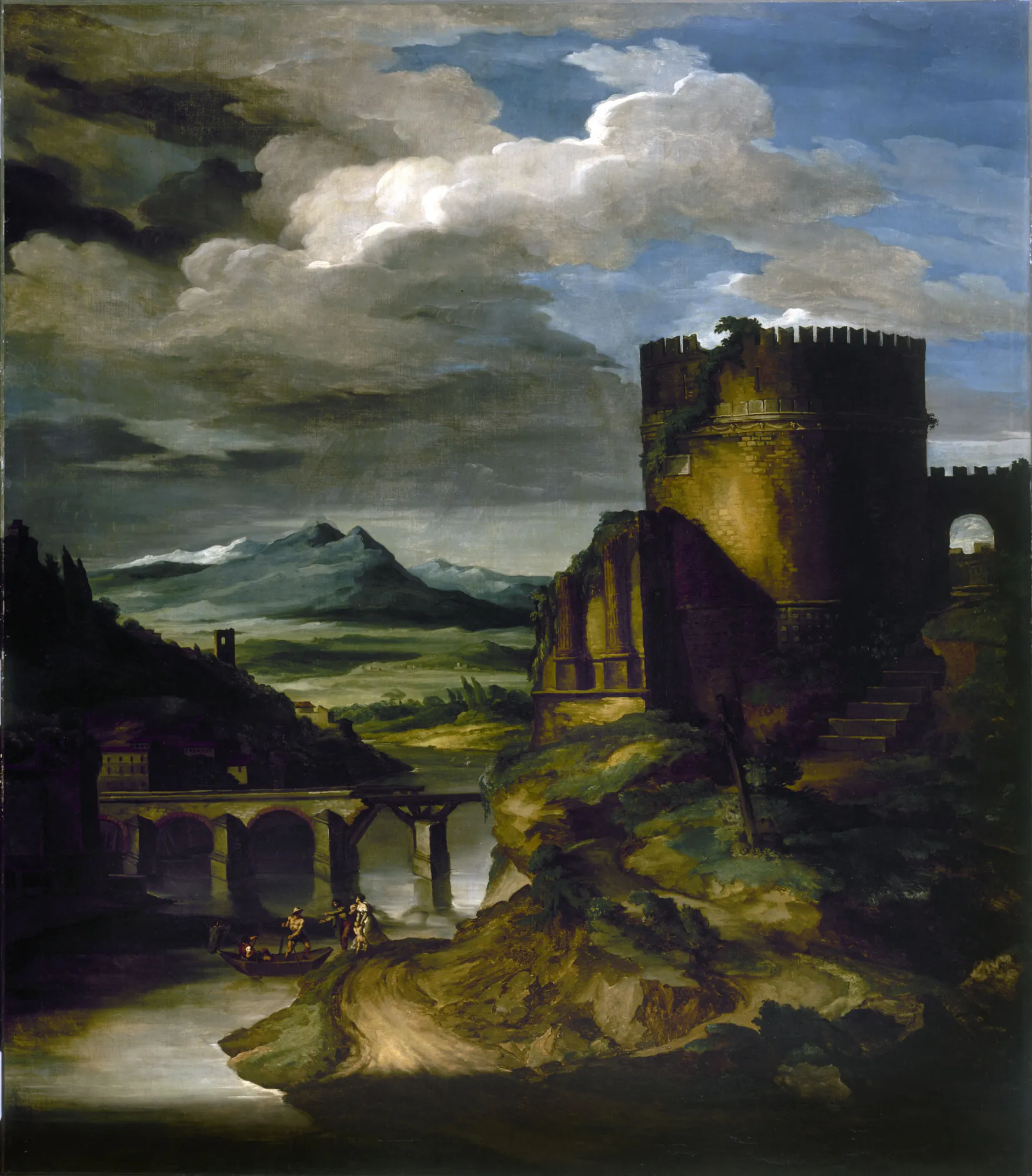 Italian Landscape with a Tomb Italian Landscape with a Tomb by Théodore Géricault. A moody landscape featuring a massive stone circular tower on a cliff, a distant mountain range, and a river with a small boat and stone bridge under a dramatic, cloudy sky.