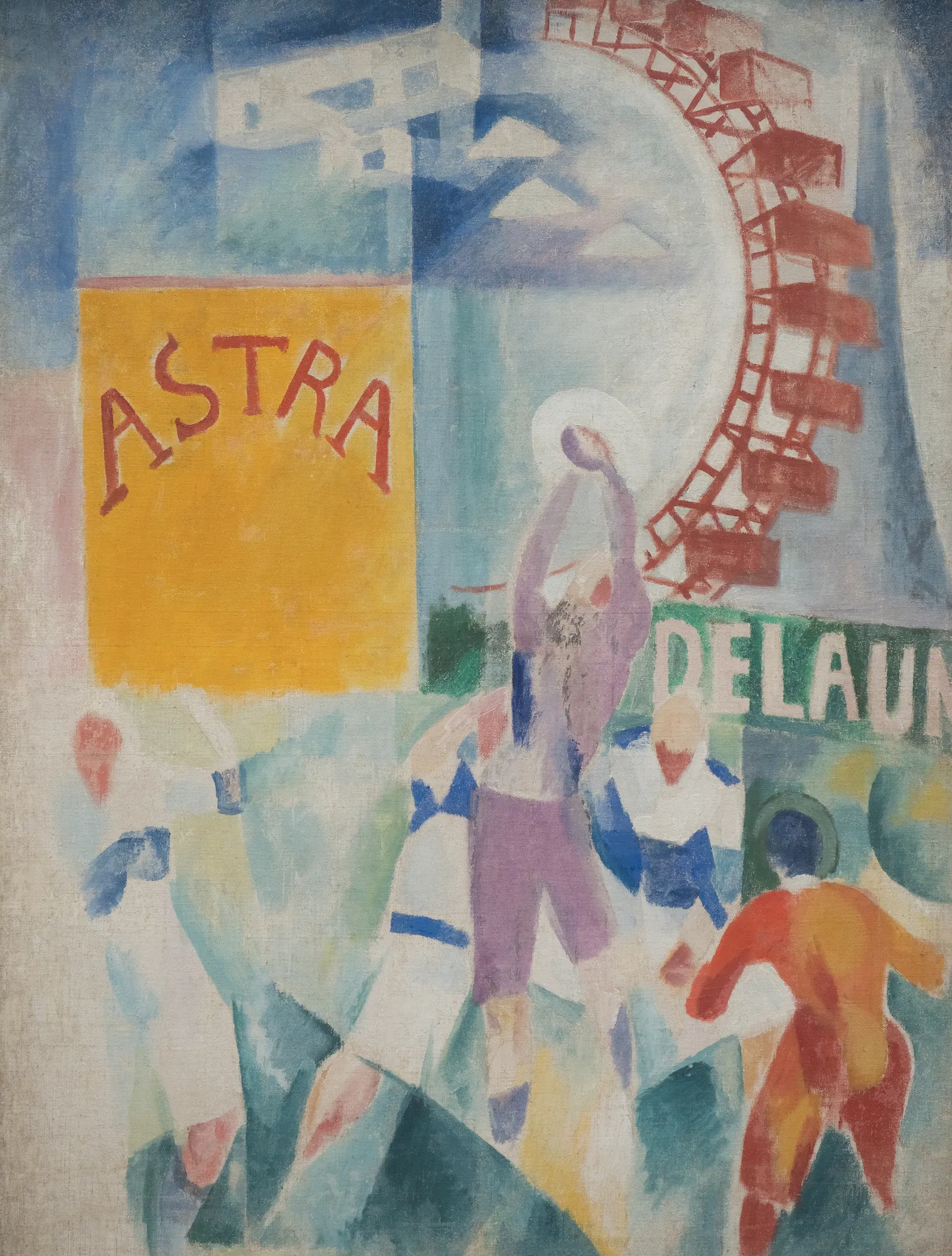L'Équipe de Cardiff L'Équipe de Cardiff by Robert Delaunay. A dynamic Orphist painting depicting rugby players in action against a backdrop featuring a yellow billboard, a Ferris wheel, and the Eiffel Tower.