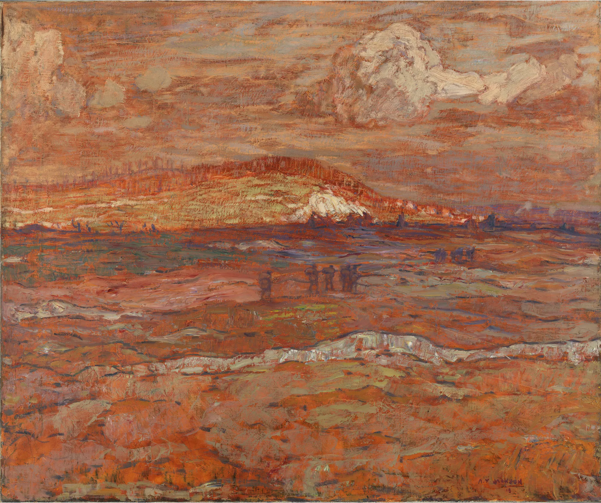 The Pimple, Evening The Pimple, Evening by A. Y. Jackson. An impressionistic landscape painting depicting a sunlit hill in the distance under a vast, cloud-filled sky, with a rugged, earthy foreground.