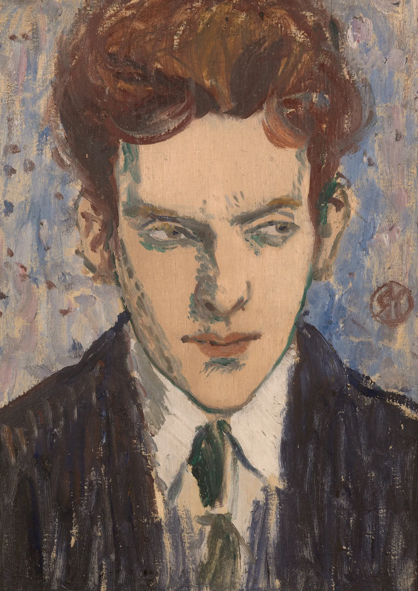 Edward McKnight Kauffer Edward McKnight Kauffer by Raymond McIntyre. A close-up portrait of a young man with reddish hair and intense eyes, rendered with textured, expressive oil brushstrokes.
