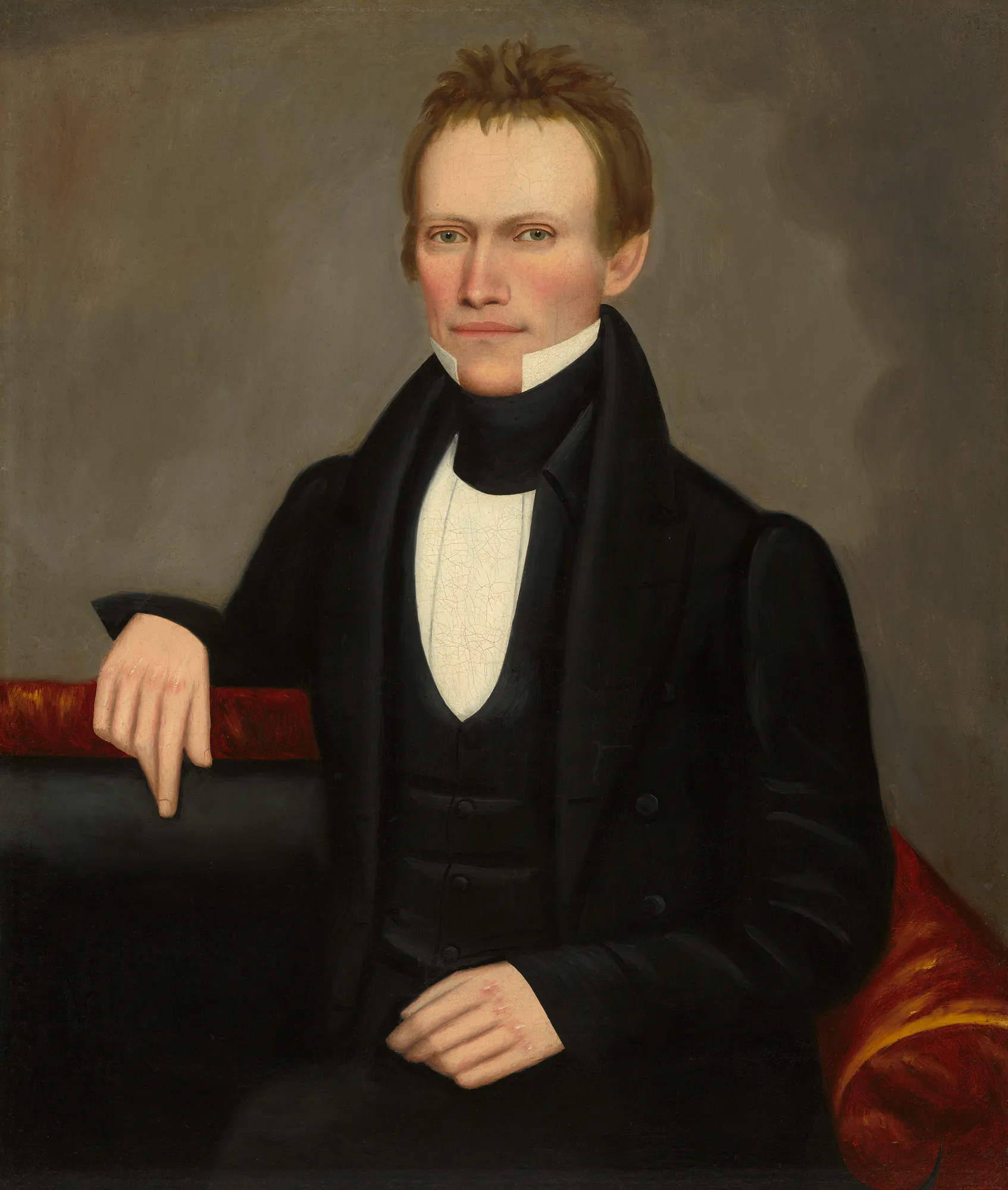 Paul Smith Palmer Paul Smith Palmer by Erastus Salisbury Field. A waist-length folk art portrait of a man in a black coat and high-collared white shirt seated against a neutral gray background.
