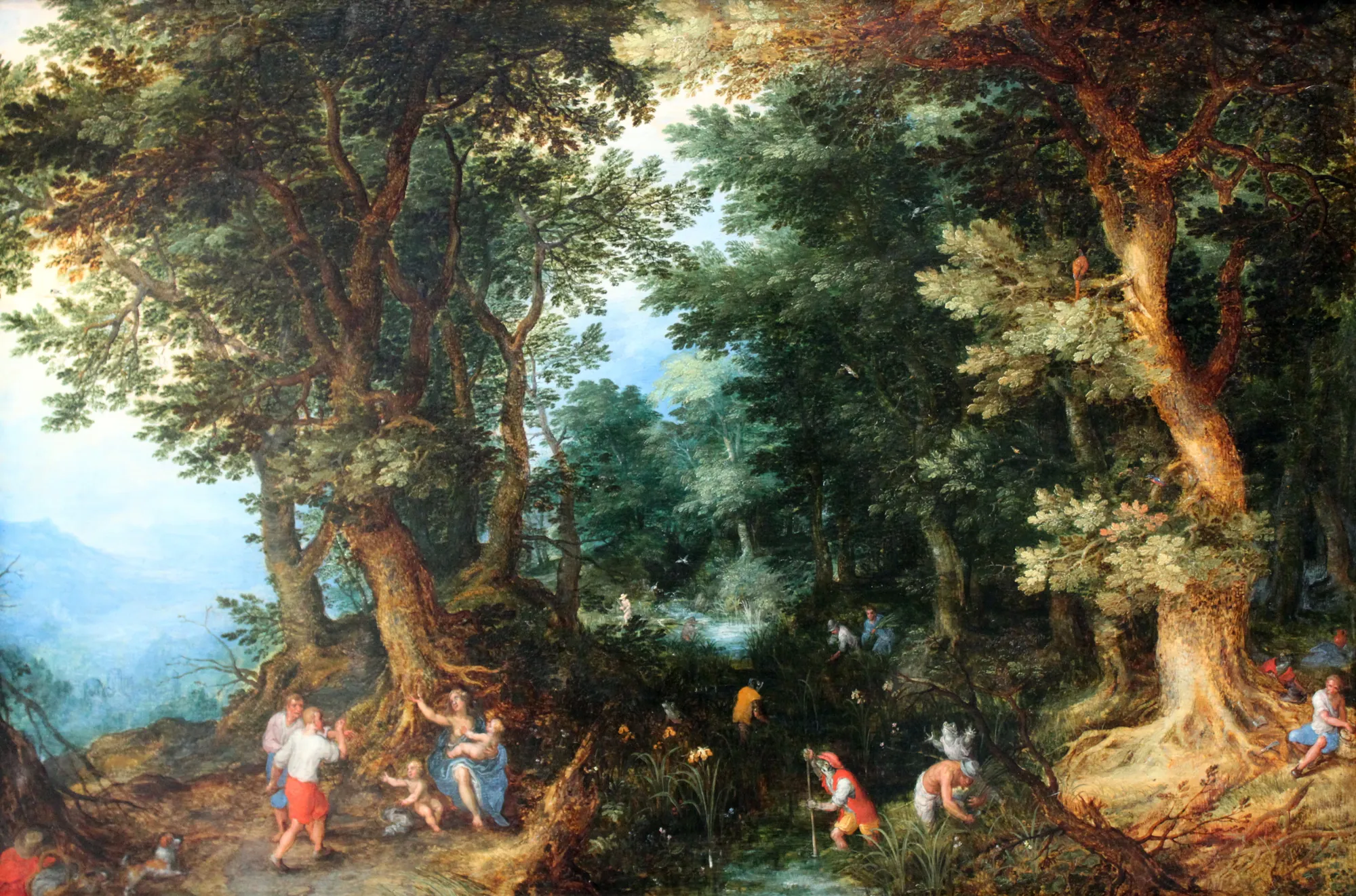 The Mocking of Latona The Mocking of Latona by Jan Brueghel the Elder. A lush, densely wooded forest scene featuring mythological figures near a stream and a bright distant vista.
