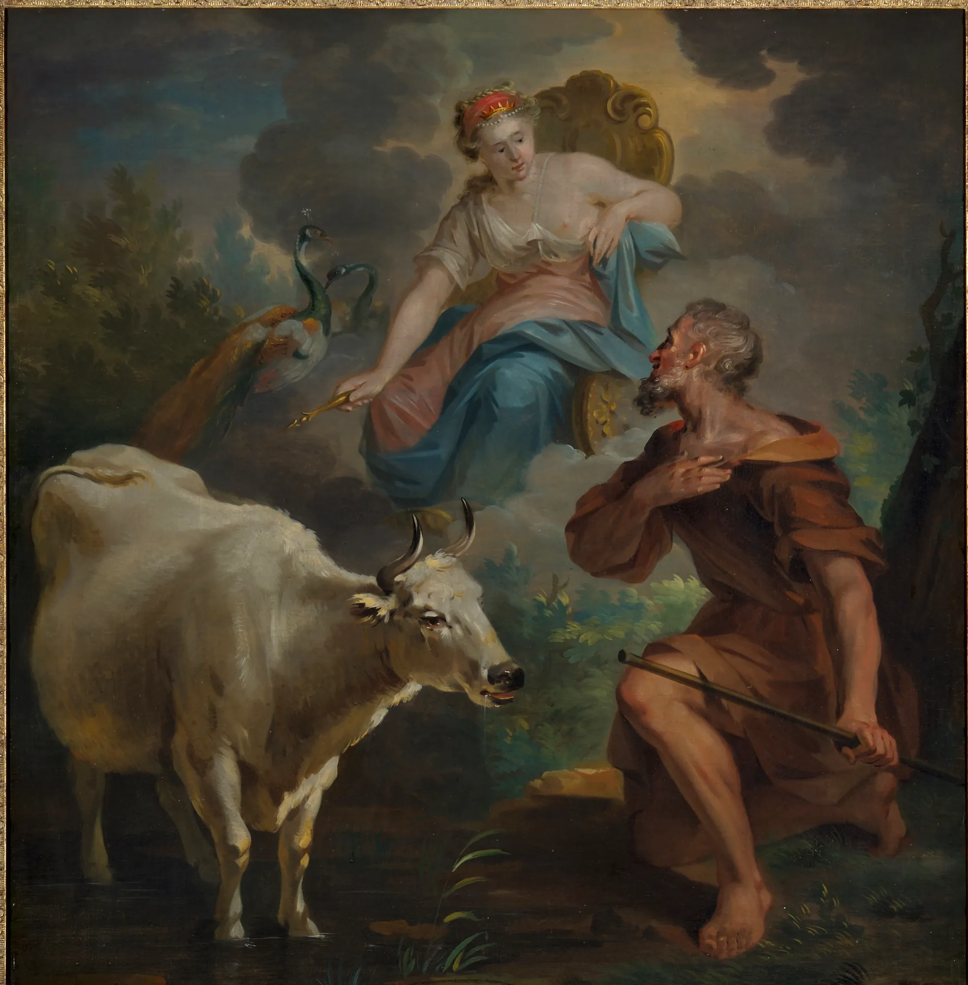 Juno Commanding Argus to Watch Io Juno Commanding Argus to Watch Io by Aert Schouman. A mythological scene depicting the goddess Juno seated on clouds with her peacocks, instructing the kneeling herdsman Argus to watch over a white heifer.