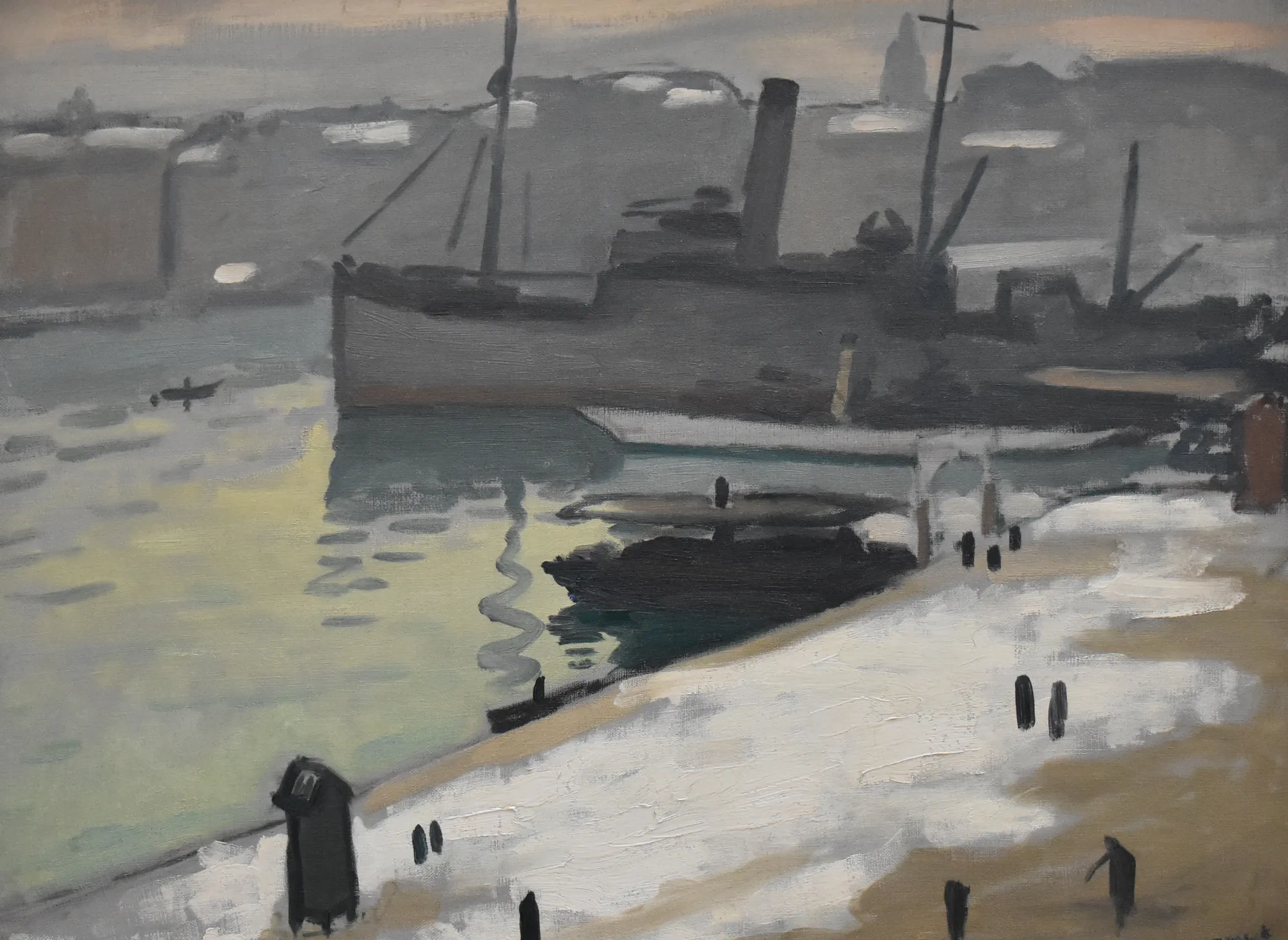 Le port de Marseille Le port de Marseille by Albert Marquet. A large grey steamship sits in a harbor beside a light-colored quay dotted with small figures, under a hazy, overcast sky.