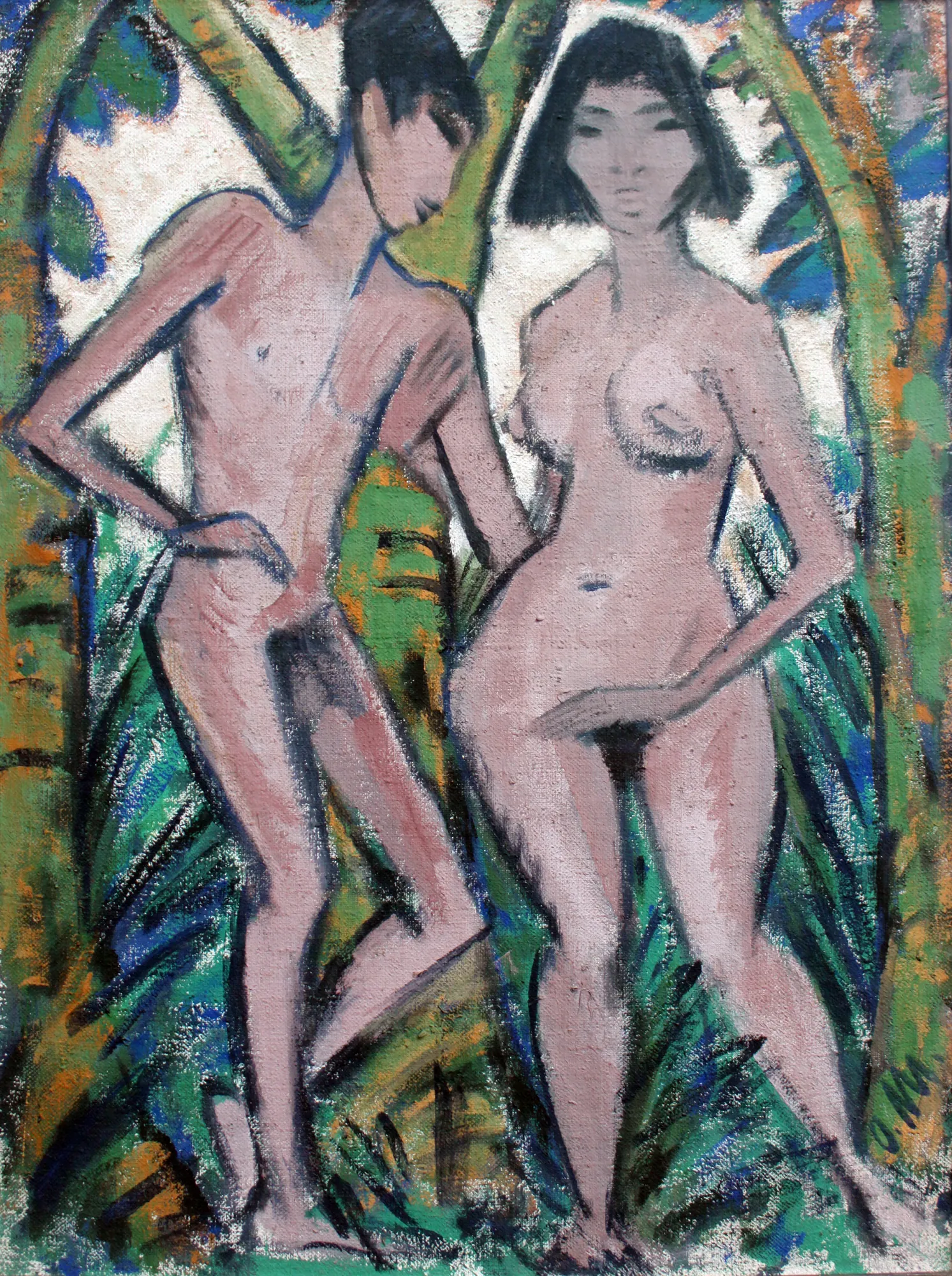 Adam and Eve Adam and Eve by Otto Mueller. An Expressionist painting of two nude figures, a man and a woman, standing amidst stylized tropical foliage.