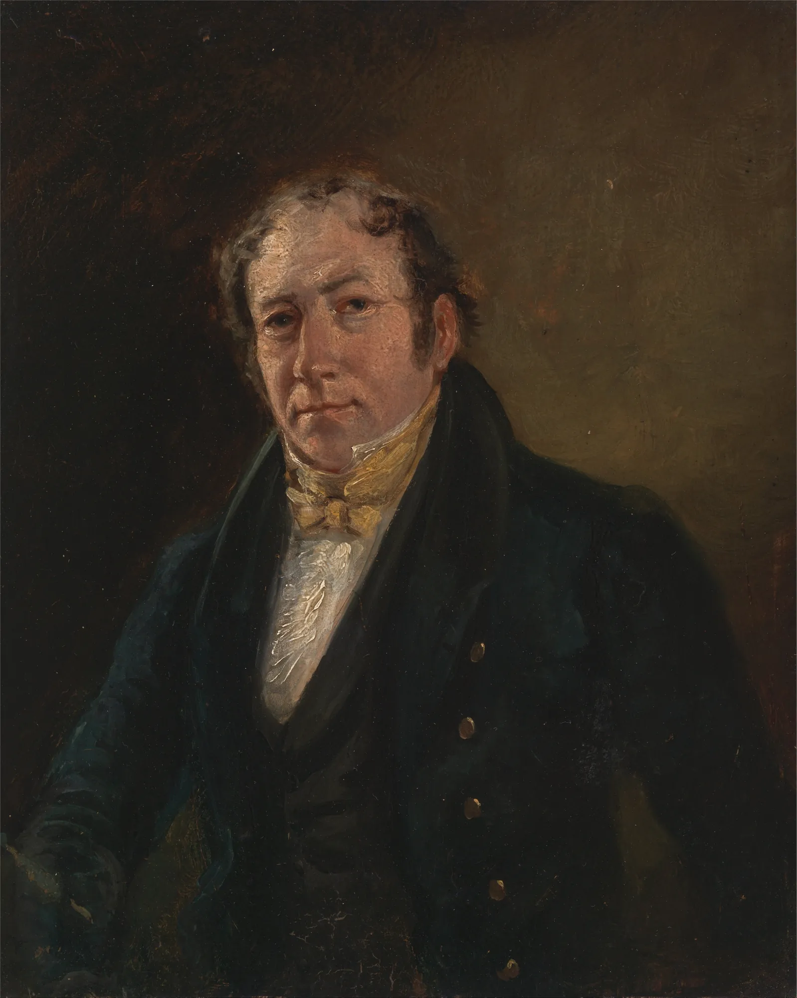 A Man Called Thomas Bewick A Man Called Thomas Bewick by Unknown Artist. A waist-length portrait of a middle-aged man with dark hair and a light-colored cravat, set against a dark, atmospheric background.