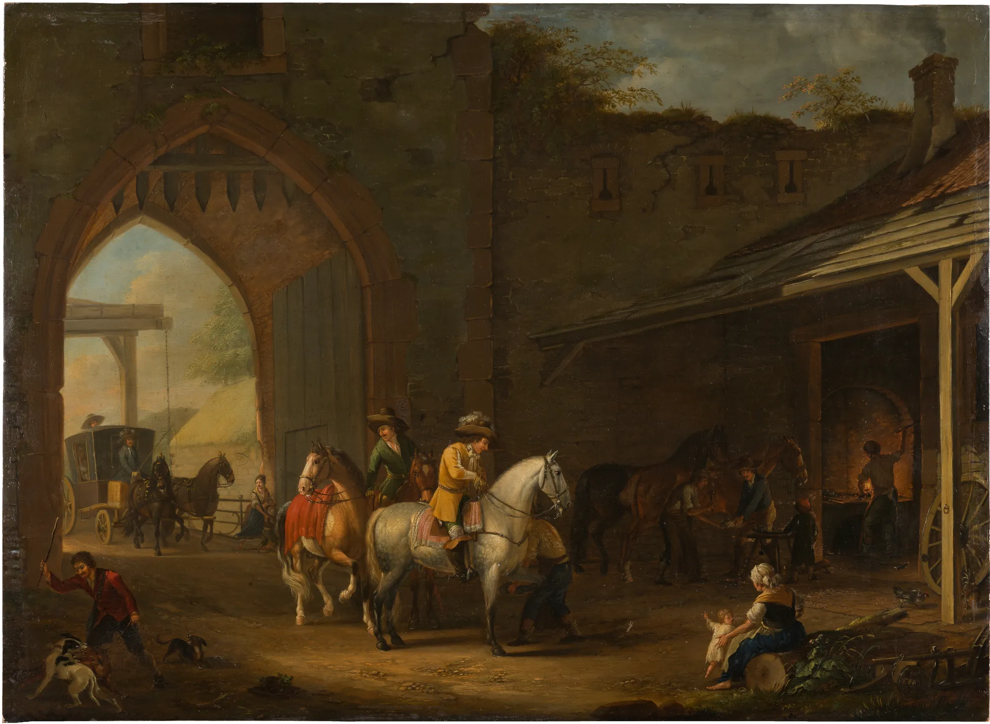 Horsemen at the Blacksmith's Horsemen at the Blacksmith's by Johann Georg Pforr. A group of horsemen gather at a stone-walled blacksmith's forge, with one rider on a grey horse in the foreground and a horse-drawn carriage entering through a large archway.