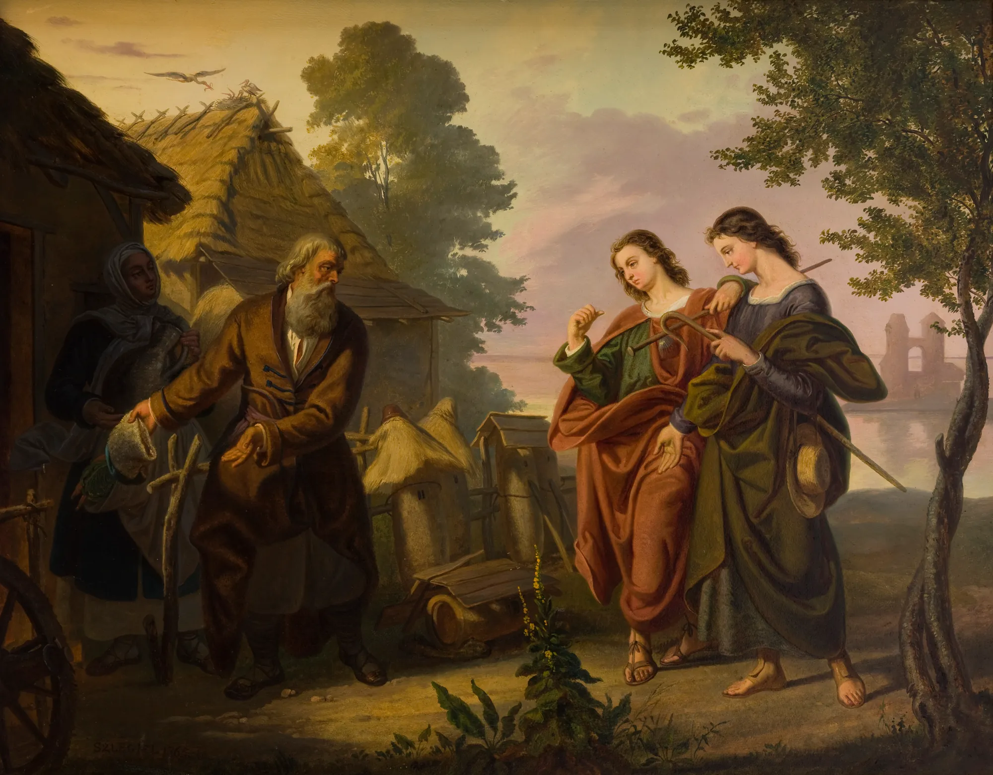 Pilgrims Visiting Piast Pilgrims Visiting Piast by Korneli Szlegel. An elderly man with a long beard welcomes two young, elegantly robed travelers outside a thatched cottage under a soft evening sky.