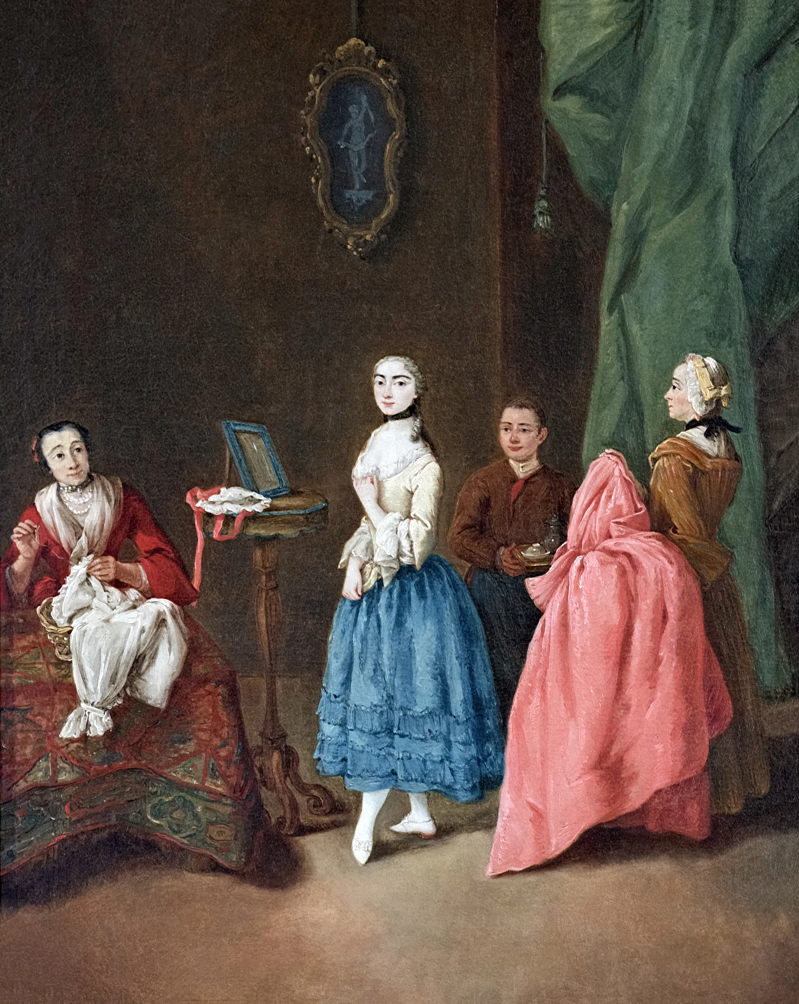 The Fitting of the Dress The Fitting of the Dress by Pietro Longhi. A woman in an elegant blue skirt stands at the center of an 18th-century interior while a seamstress and attendants work on garments.