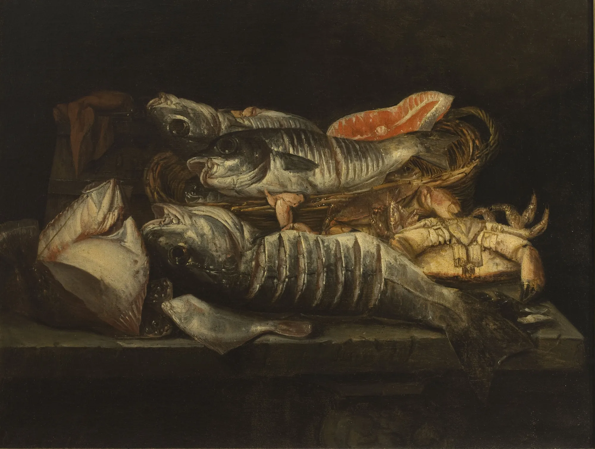 Still Life with Fish and Crustaceans on a Table Still Life with Fish and Crustaceans on a Table by Abraham van Beijeren. A collection of silver-scaled fish, a large crab, and a wicker basket rest upon a dark stone ledge against a somber, deep background.
