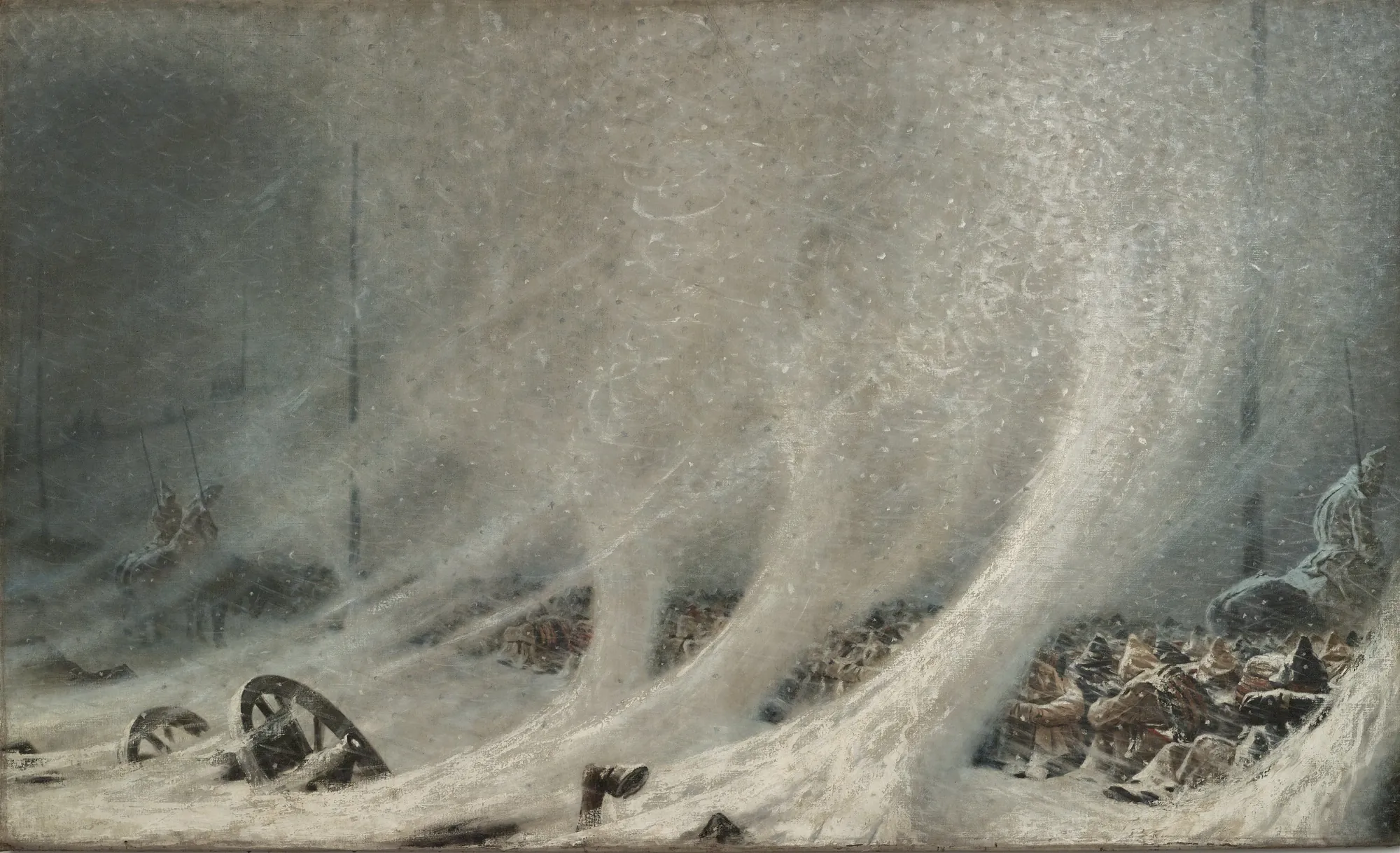 A Resting Place of Prisoners A Resting Place of Prisoners by Vasily Vereshchagin. A group of cloaked figures huddles together in a deep snowbank while a fierce blizzard swirls around them, with a broken wagon wheel visible in the foreground.