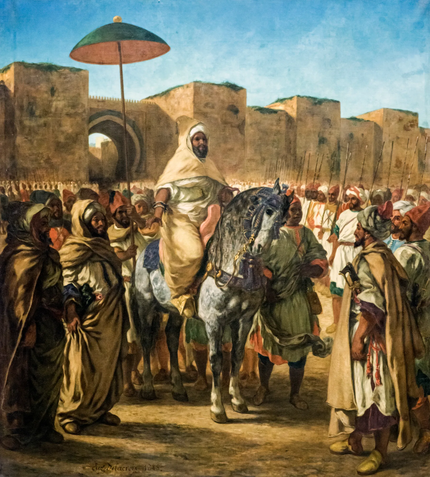 The Sultan of Morocco Leaving His Palace The Sultan of Morocco Leaving His Palace by Eugène Delacroix. The Sultan of Morocco, Abd al-Rahman, sits atop a grey dappled horse, shaded by a large ceremonial parasol and surrounded by his guards and courtiers outside the city walls of Meknes.