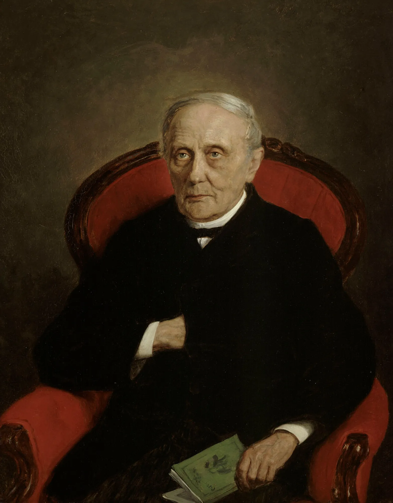 Portrait of Nils Henrik Pinello Portrait of Nils Henrik Pinello by Fredrik Ahlstedt. An elderly man with thinning grey hair and a serious expression sits in a red upholstered armchair, holding a small green book.