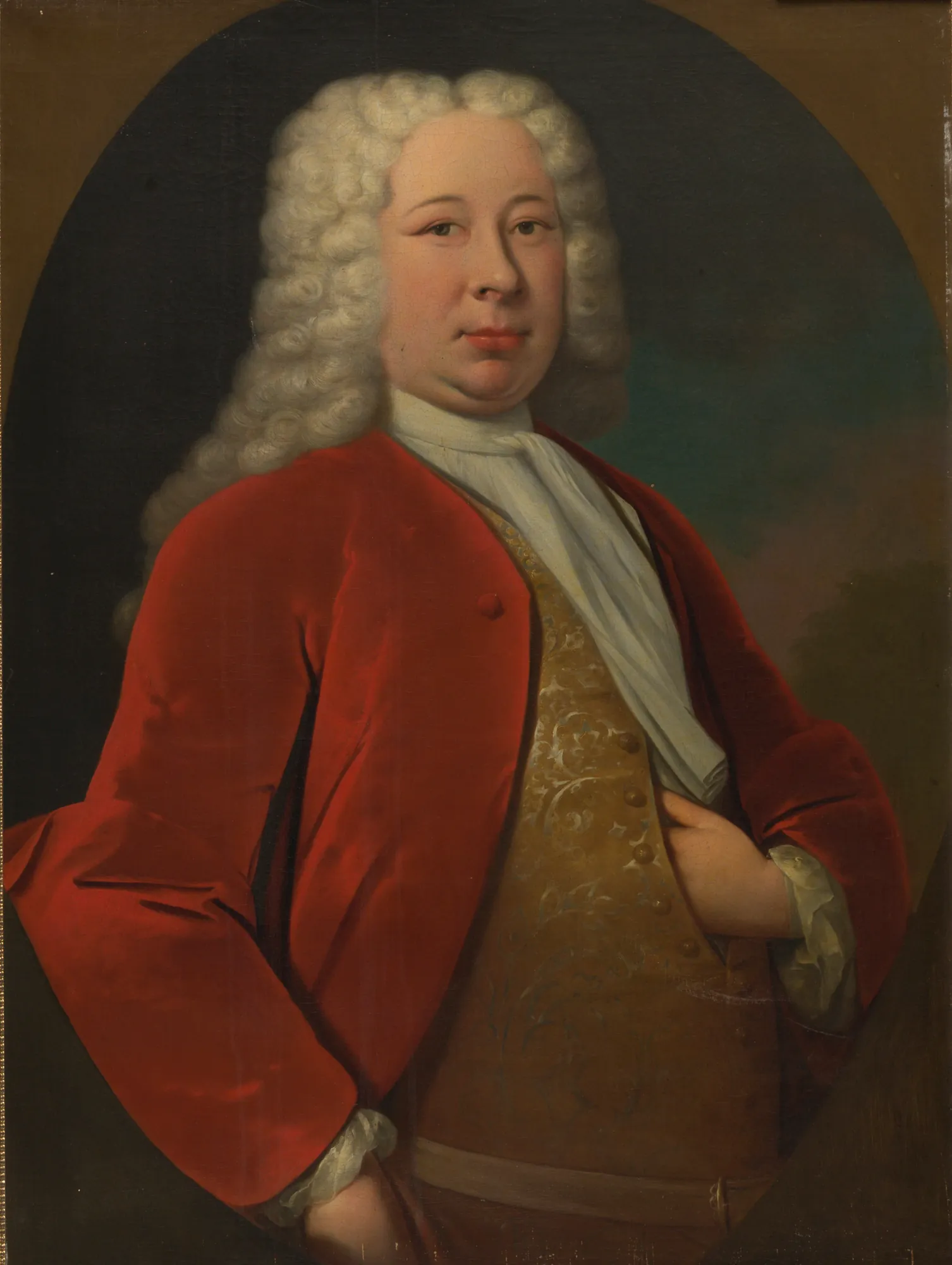 Portrait of Christiaan Paulus van Beresteyn Portrait of Christiaan Paulus van Beresteyn by Unknown Artist. A half-length portrait of a man in a vibrant red coat and patterned gold waistcoat with a powdered wig, presented in an oval vignette.