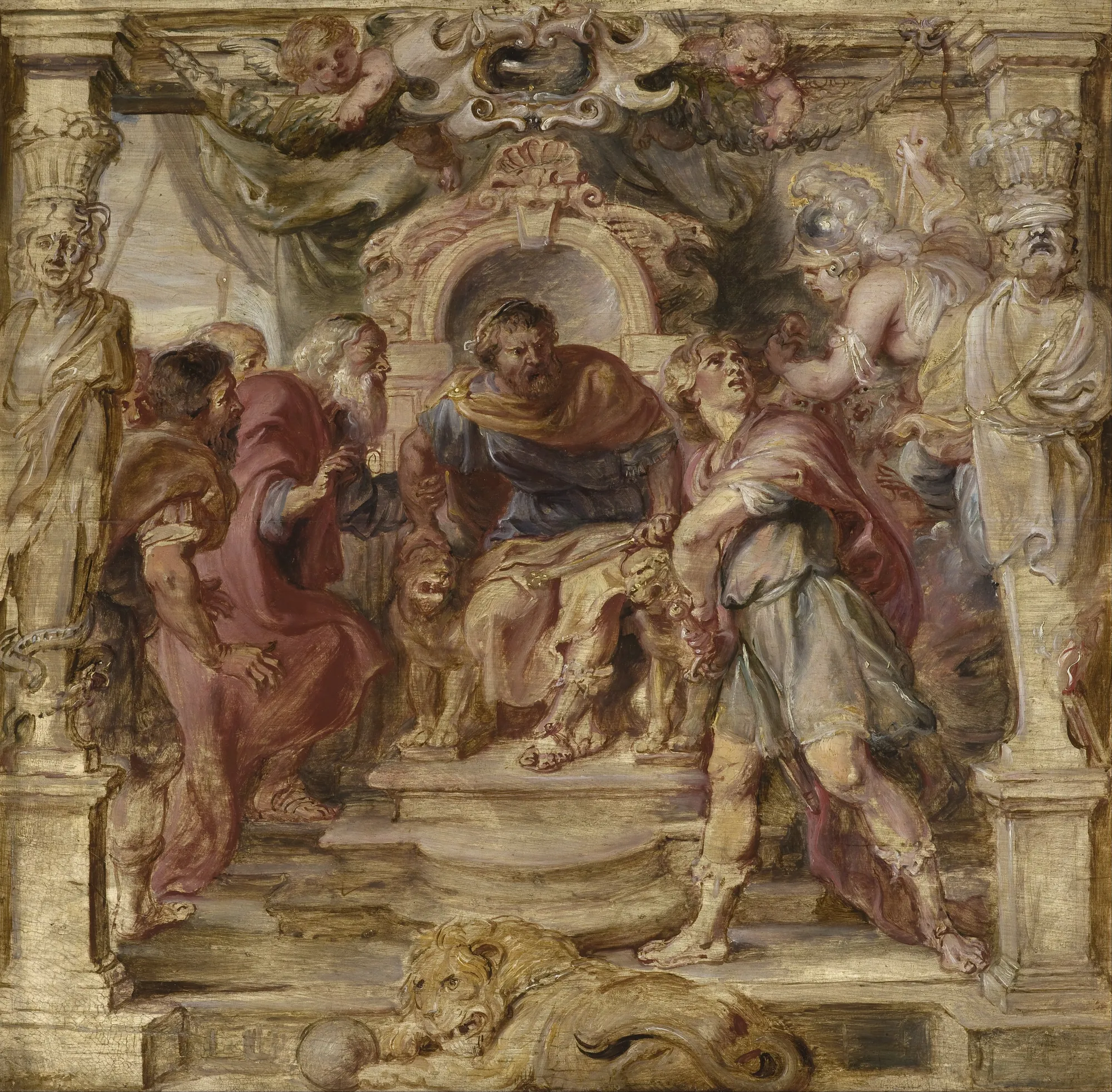 The Wrath of Achilles The Wrath of Achilles by Peter Paul Rubens. A dynamic Baroque scene showing a tense confrontation between Achilles and Agamemnon, framed by painted architectural columns and celestial figures.