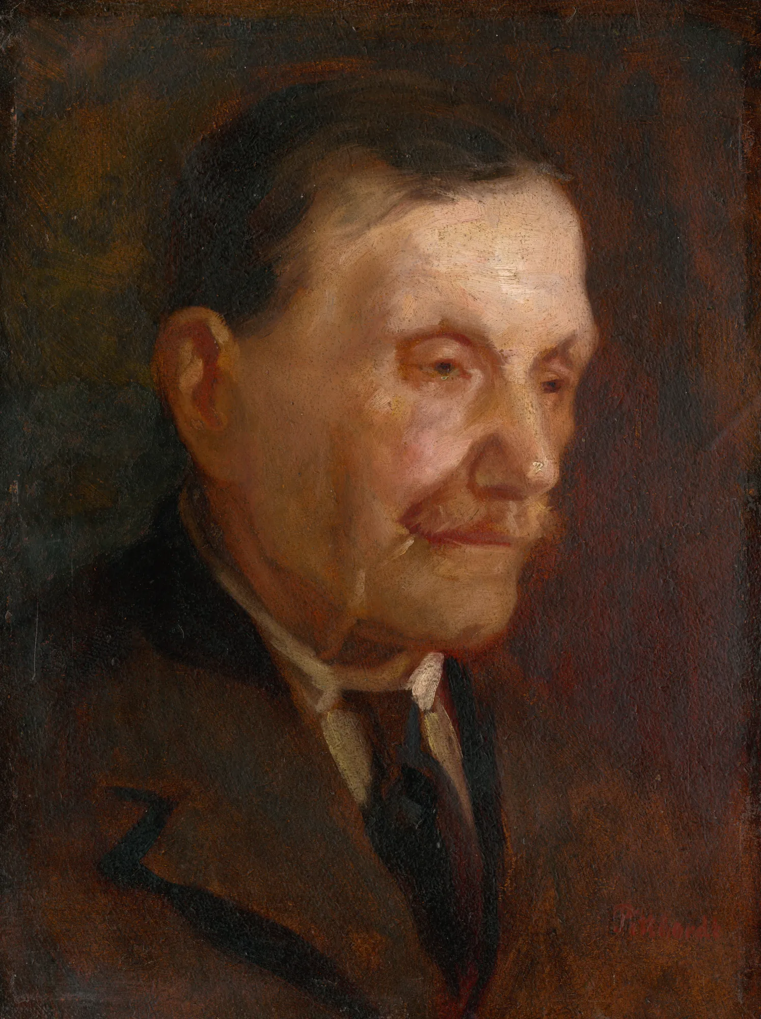 Head of an Old Man Head of an Old Man by Ľudovít Pitthordt. An oil portrait study of an elderly man with a mustache, shown in a three-quarter profile against a dark, warm-toned background.