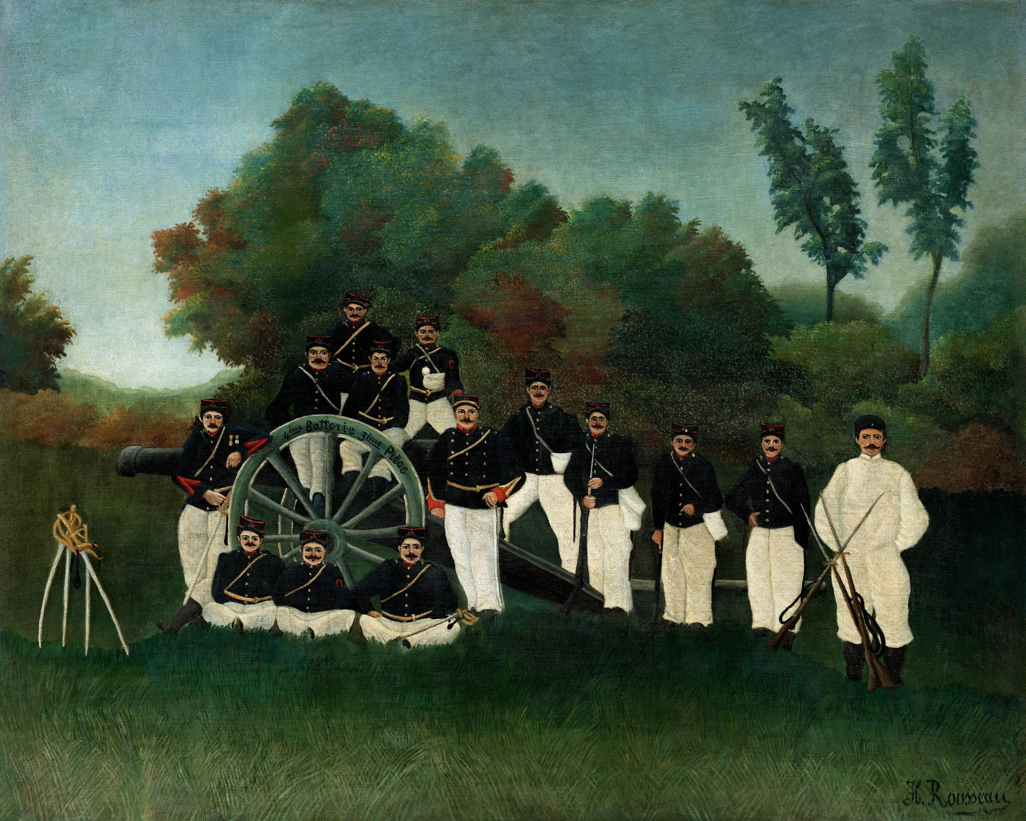 Artillerymen Artillerymen by Henri Rousseau. A group of French artillerymen in blue and white uniforms pose formally around a large cannon in a lush green field.
