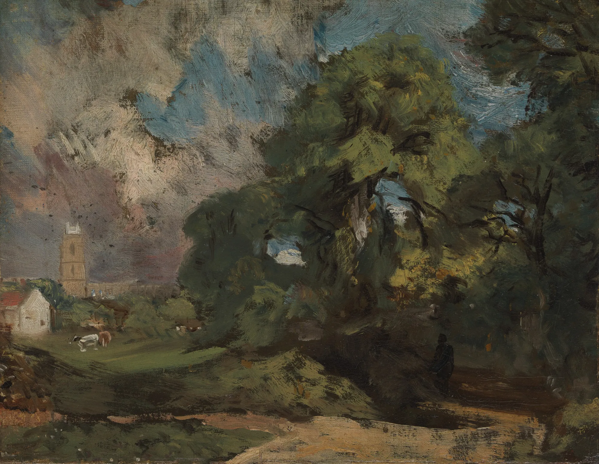 Stoke-by-Nayland Stoke-by-Nayland by John Constable. An expressive oil sketch of a lush landscape featuring dense green trees, a distant church tower, and a figure walking on a path beneath a dramatic, cloudy sky.