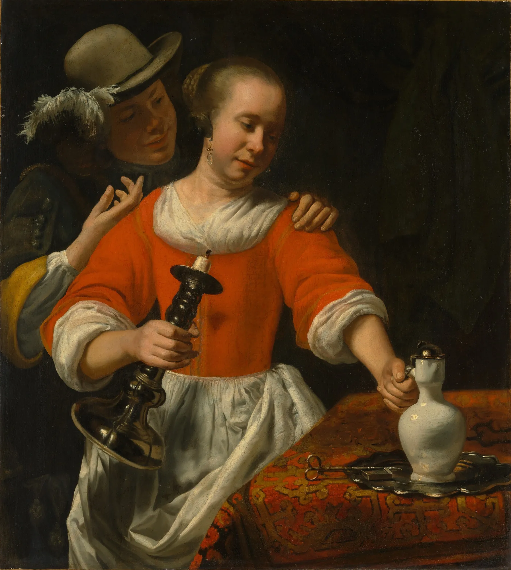 A Young Woman and a Cavalier A Young Woman and a Cavalier by Cornelis Bisschop. A young woman in a bright orange bodice and white apron holds a large candlestick while a man in a plumed hat looks over her shoulder.