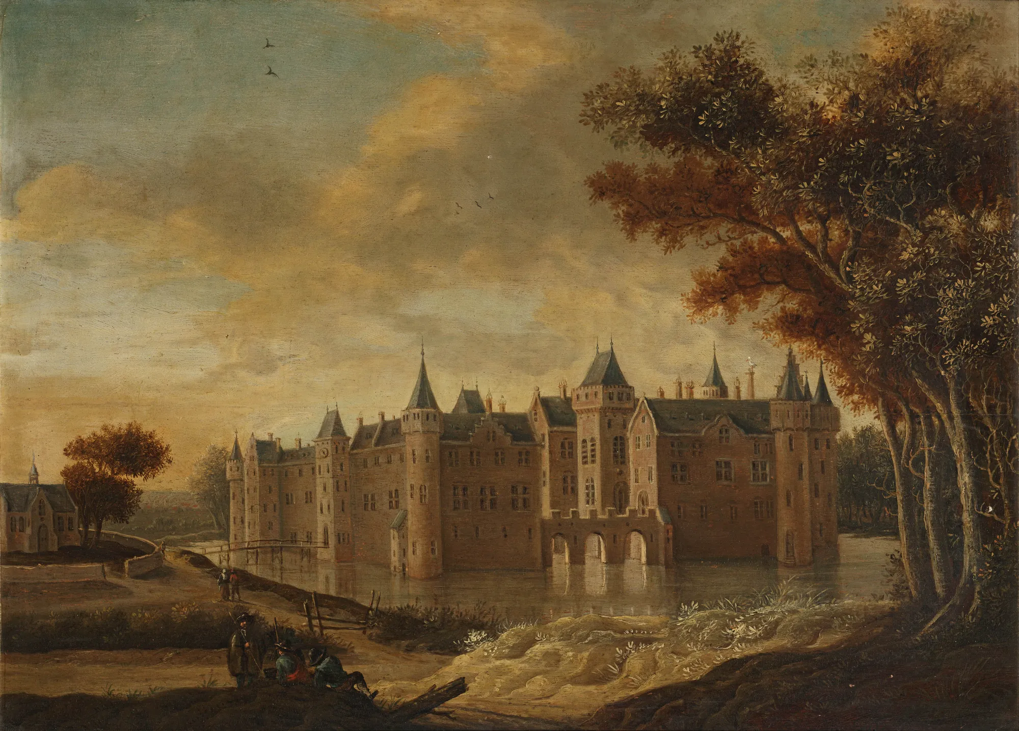 Egmond Castle Egmond Castle by Jan Jacobsz. van der Croos. A detailed 17th-century oil painting depicting a grand moated castle with multiple towers under a wide, cloudy sky.