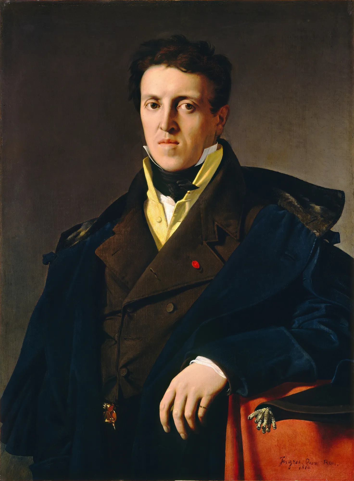 Marcotte d'Argenteuil Marcotte d'Argenteuil by Jean-Auguste-Dominique Ingres. A half-length portrait of a man with dark hair, wearing a high yellow collar and a heavy dark blue coat over a brown waistcoat.