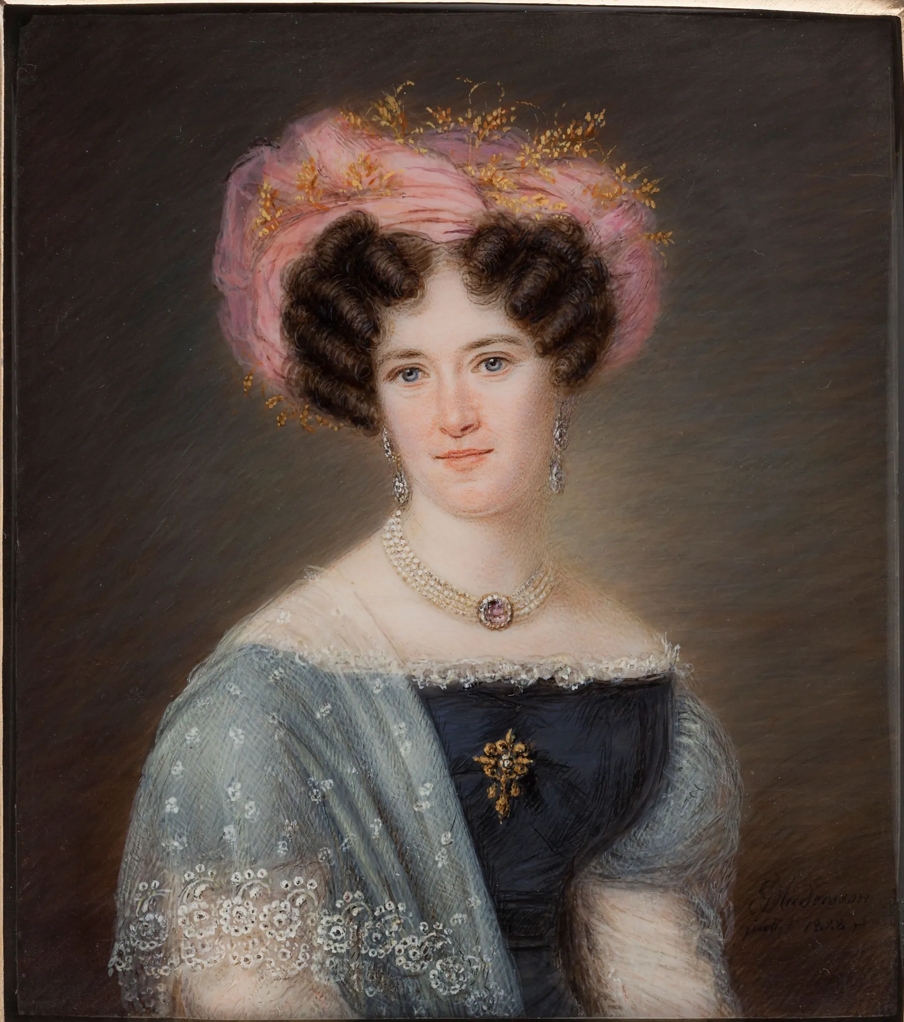 Portrait of a Lady Portrait of a Lady by Anders Gustaf Andersson. A waist-length portrait of a woman with dark curls, wearing a pink turban-style headdress, a pearl necklace, and a lace-trimmed blue dress.