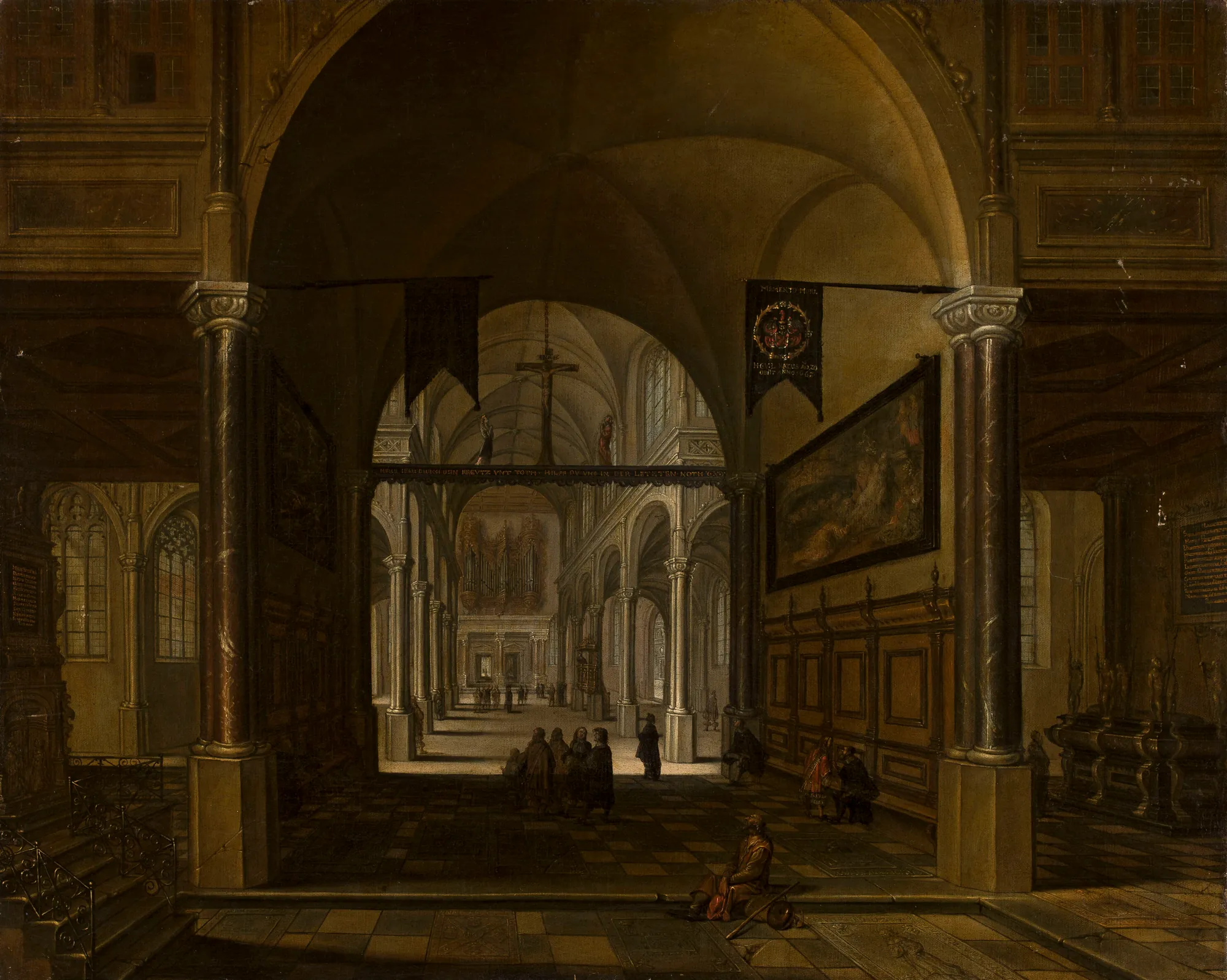 Church Interior Church Interior by Anton Günther Gheringh. A detailed 17th-century painting of a grand church interior with figures scattered across the tiled floor and banners hanging from columns.