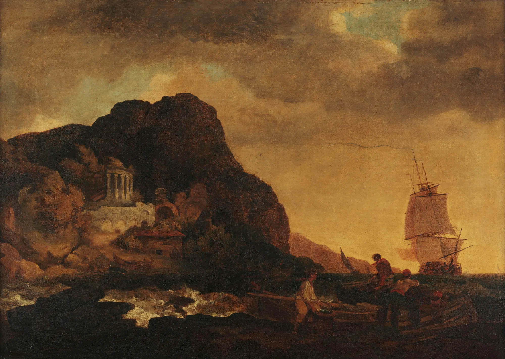 Seascape Seascape by Unknown Artist. A large sailing vessel and smaller rowboats navigate a choppy sea near a massive rock formation topped with classical ruins under a warm, overcast sky.