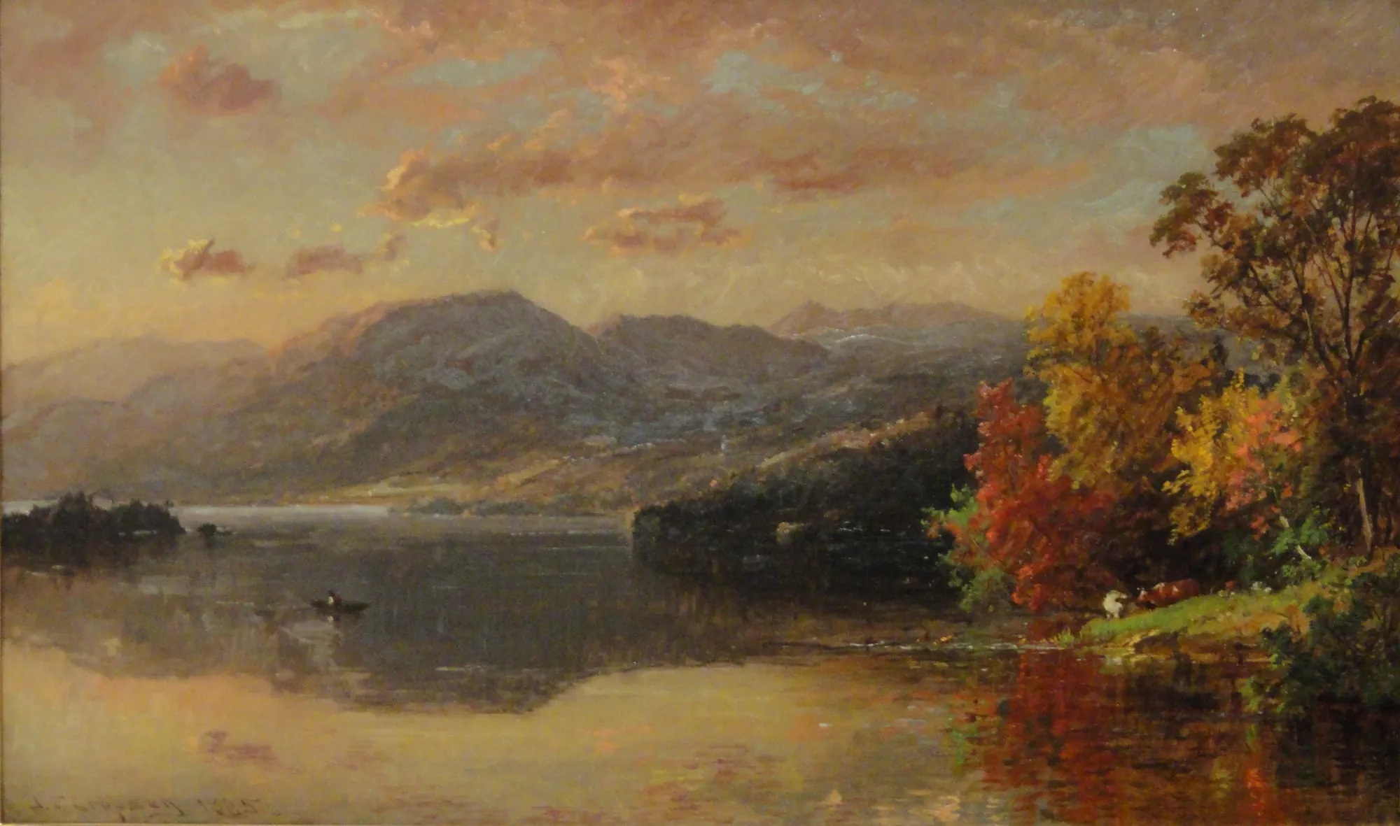 Lake George Lake George by Jasper Francis Cropsey. An autumnal landscape painting of Lake George featuring distant mountains under a warm, cloudy sky and vibrant fall foliage reflecting in the water.