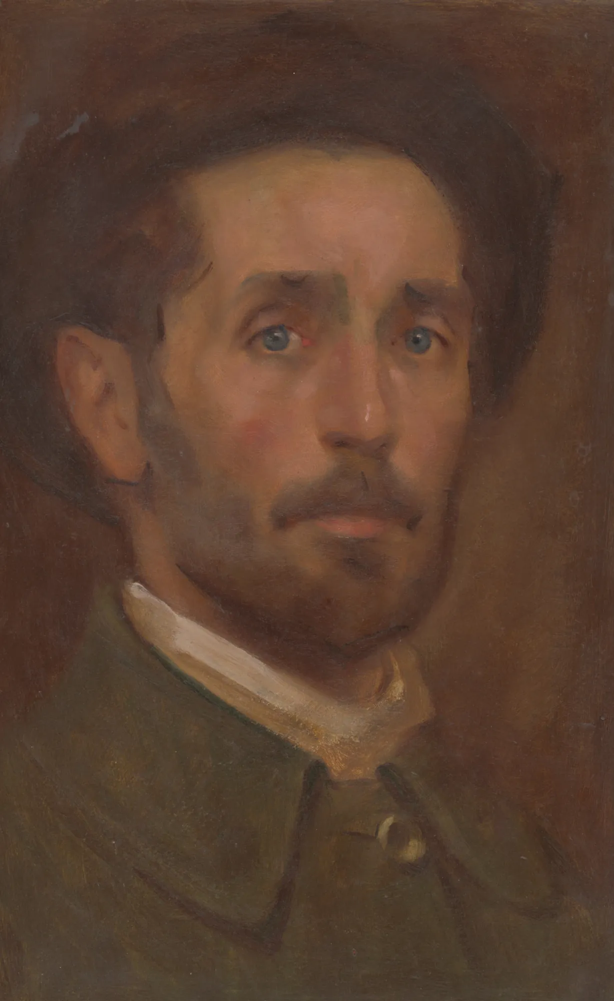 Self-Portrait Self-Portrait by Milan Thomka Mitrovský. An intimate oil portrait of a man with a beard and blue eyes, wearing a dark hat and an olive green jacket.