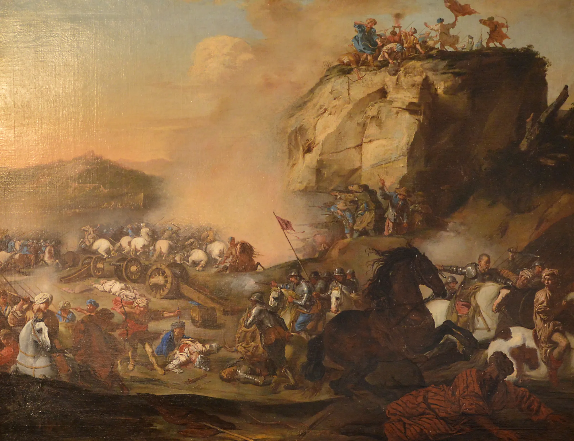 Battle Against the Turks Battle Against the Turks by Andrea di Leone. A dynamic Baroque oil painting depicting a chaotic battle between cavalry and infantry at the foot of a steep cliff.
