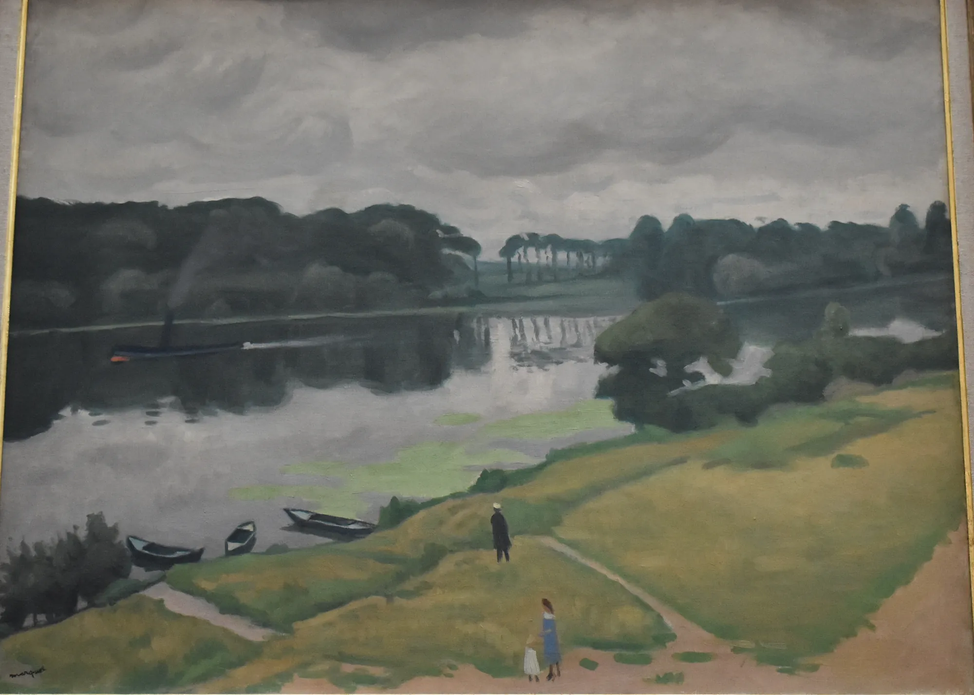 La Seine à Herblay La Seine à Herblay by Albert Marquet. An oil painting depicting figures on a grassy riverbank looking out over a wide river under a heavy, overcast grey sky.