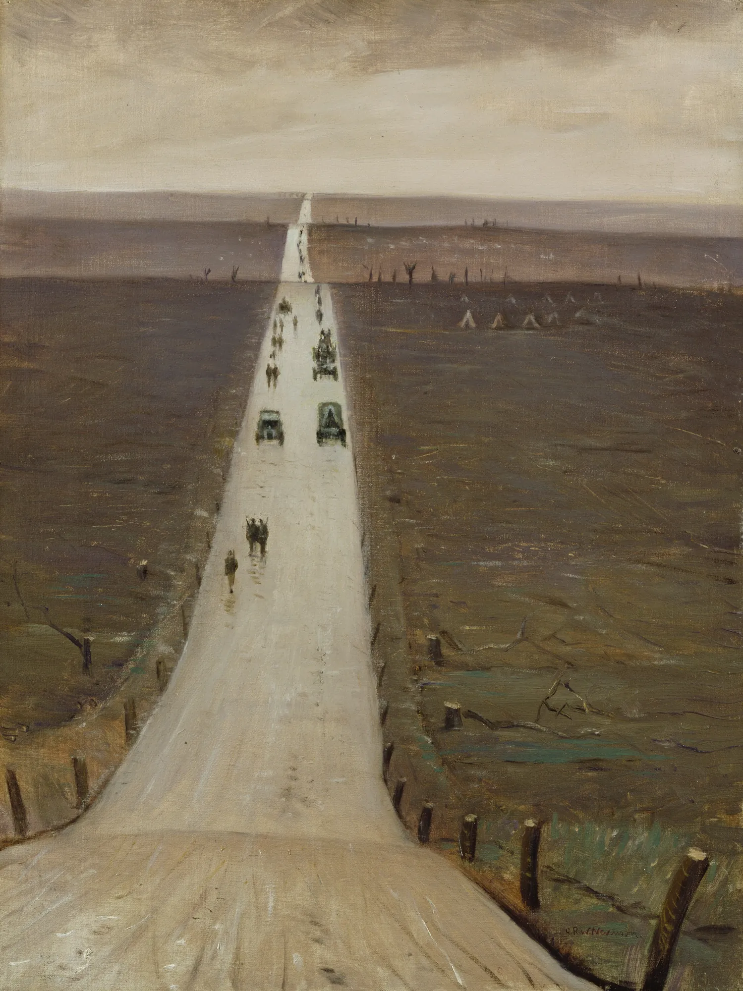 The Road from Arras to Bapaume The Road from Arras to Bapaume by C. R. W. Nevinson. A stark, receding white road stretches through a desolate, brown landscape toward a distant horizon under a heavy, overcast gray sky.
