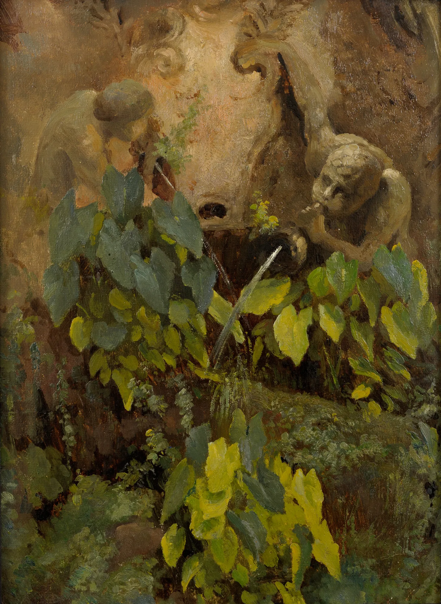 Well with Fauns Well with Fauns by Julie Wilhelmine Hagen-Schwarz. An oil painting depicting a classical stone fountain featuring faun sculptures nestled behind large, heart-shaped green leaves.