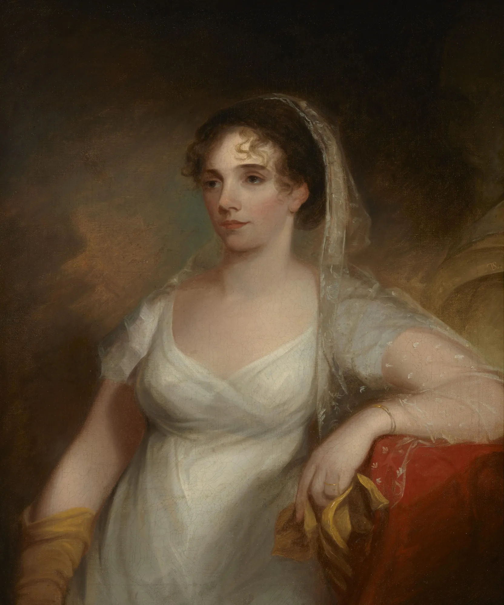 Mrs. Joseph Hopkinson Mrs. Joseph Hopkinson by Thomas Sully. A half-length portrait of a woman in a white high-waisted dress and a delicate lace veil, leaning against a red upholstered surface.