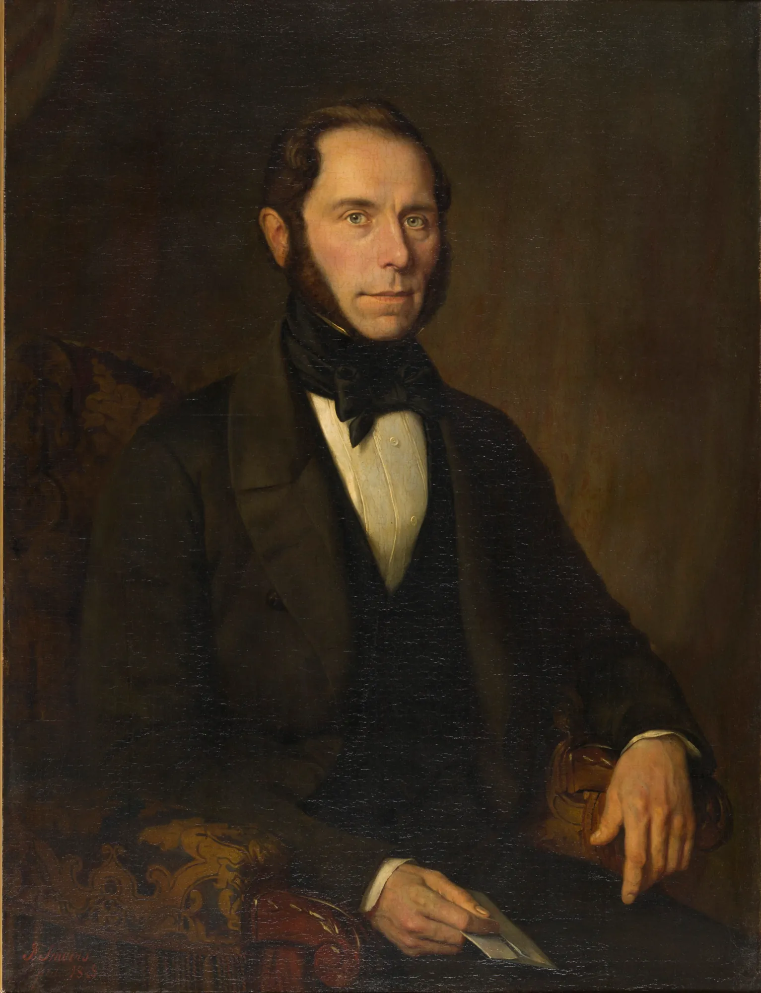 Portrait of Alexander Theodorus Struth Portrait of Alexander Theodorus Struth by Willem Karel Frederik Travers. A three-quarter length portrait of a man with dark hair and sideburns, dressed in a black coat and cravat, seated in a patterned chair.