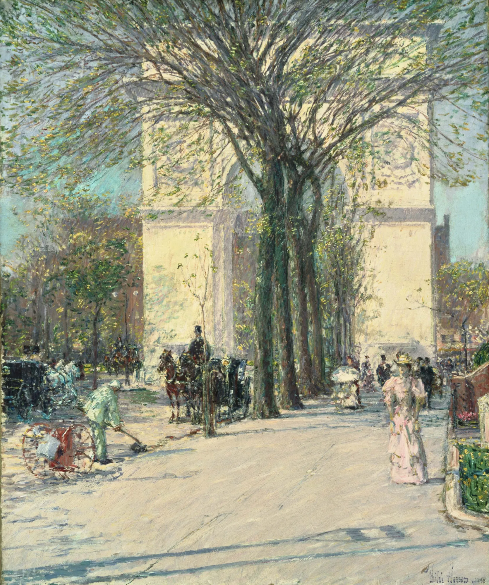 Washington Arch, Spring Washington Arch, Spring by Childe Hassam. An Impressionist urban landscape featuring the Washington Arch in New York City seen through budding spring trees with pedestrians and horse-drawn carriages.