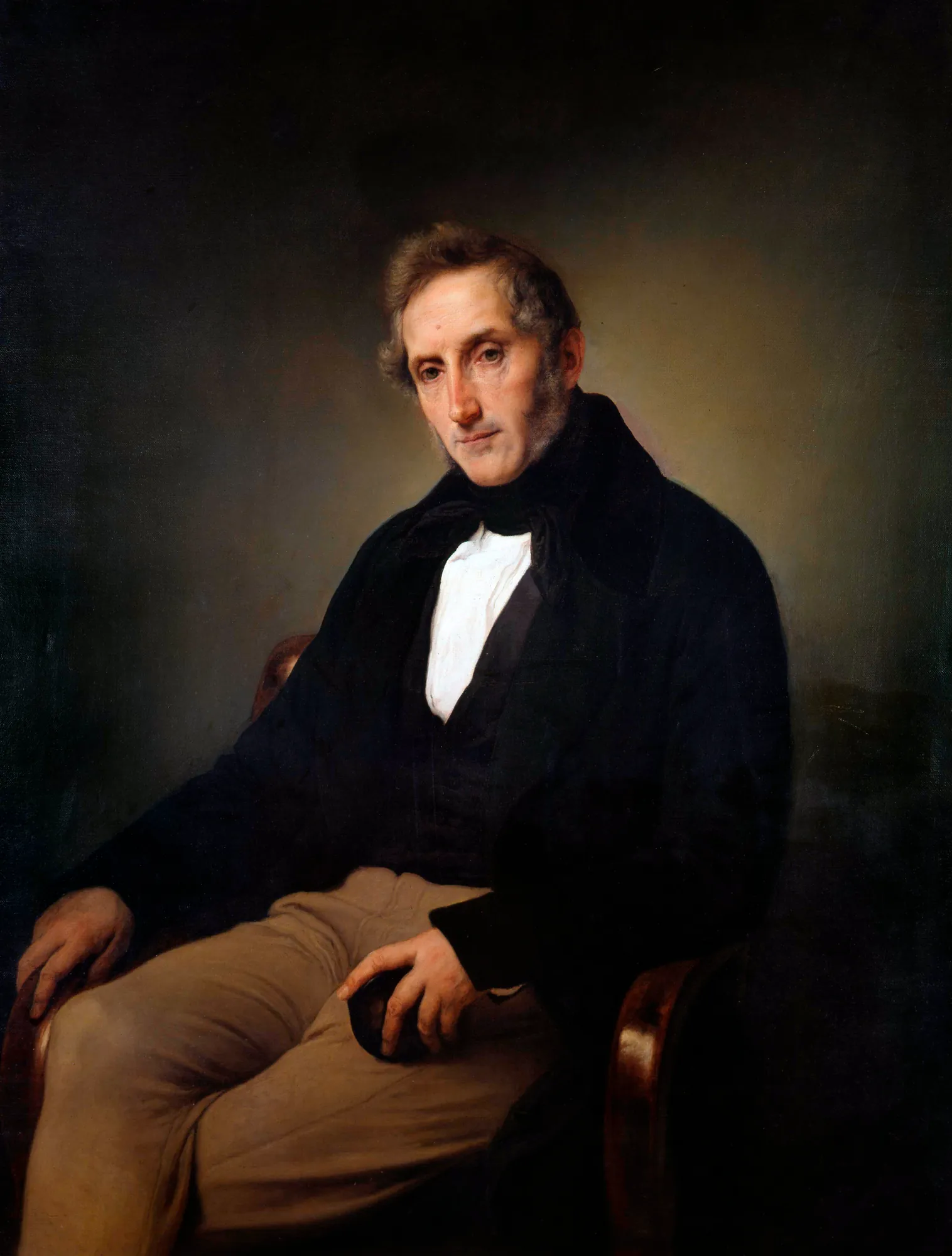 Portrait of Alessandro Manzoni Portrait of Alessandro Manzoni by Francesco Hayez. A seated three-quarter length portrait of an elderly man in a dark coat and white cravat against a dark, atmospheric background.