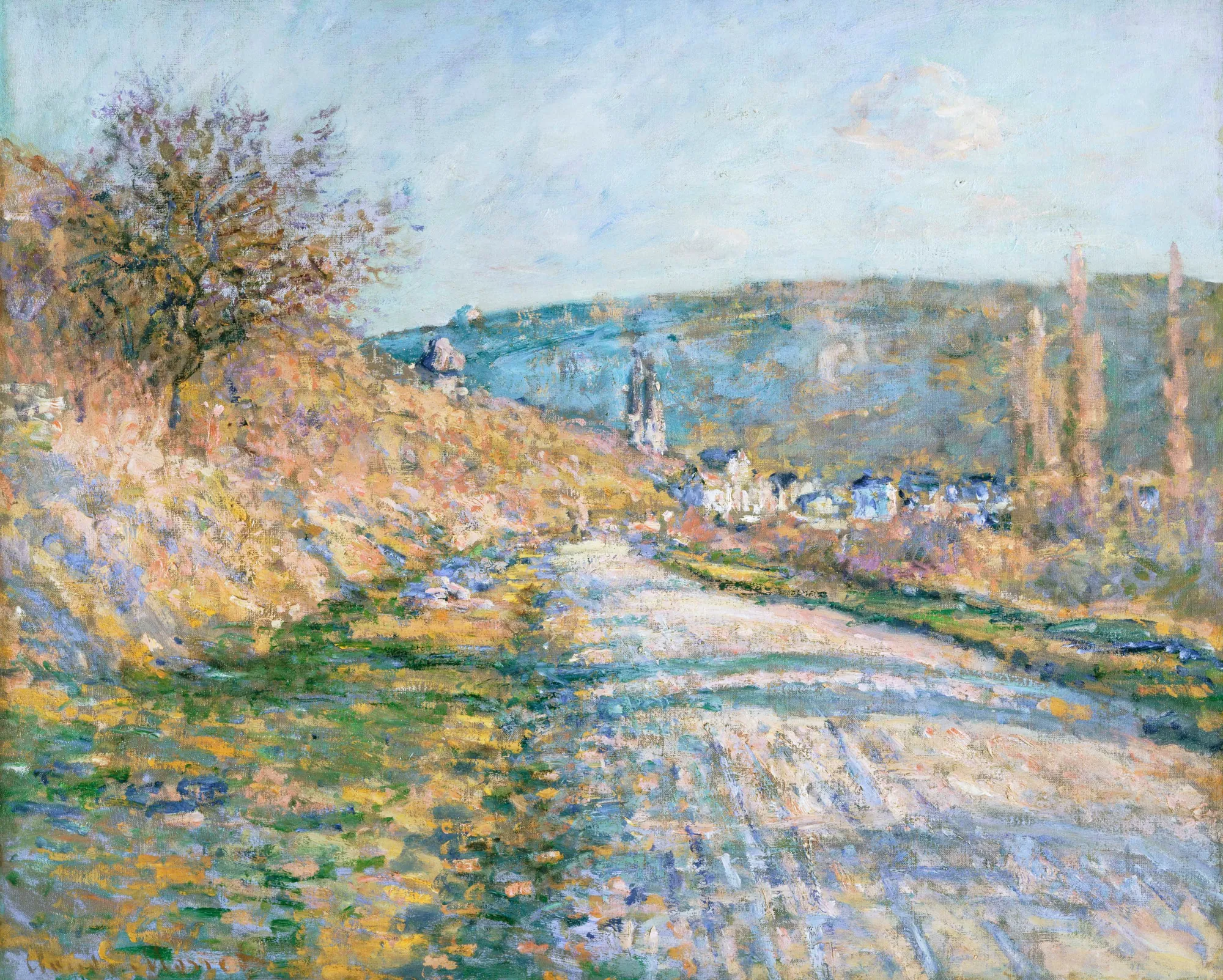 The Road to Vétheuil The Road to Vétheuil by Claude Monet. A bright, impressionist landscape painting depicting a sunlit road leading toward a distant village under a soft blue sky.