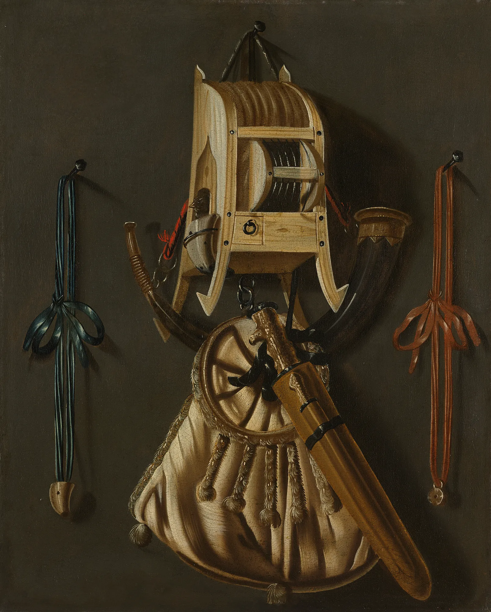 Still Life with Hunting Implements Still Life with Hunting Implements by Johannes Leemans. A 17th-century trompe l'oeil painting depicting various hunting tools, including a birdcage, a horn, and a game bag, hanging against a dark wall.