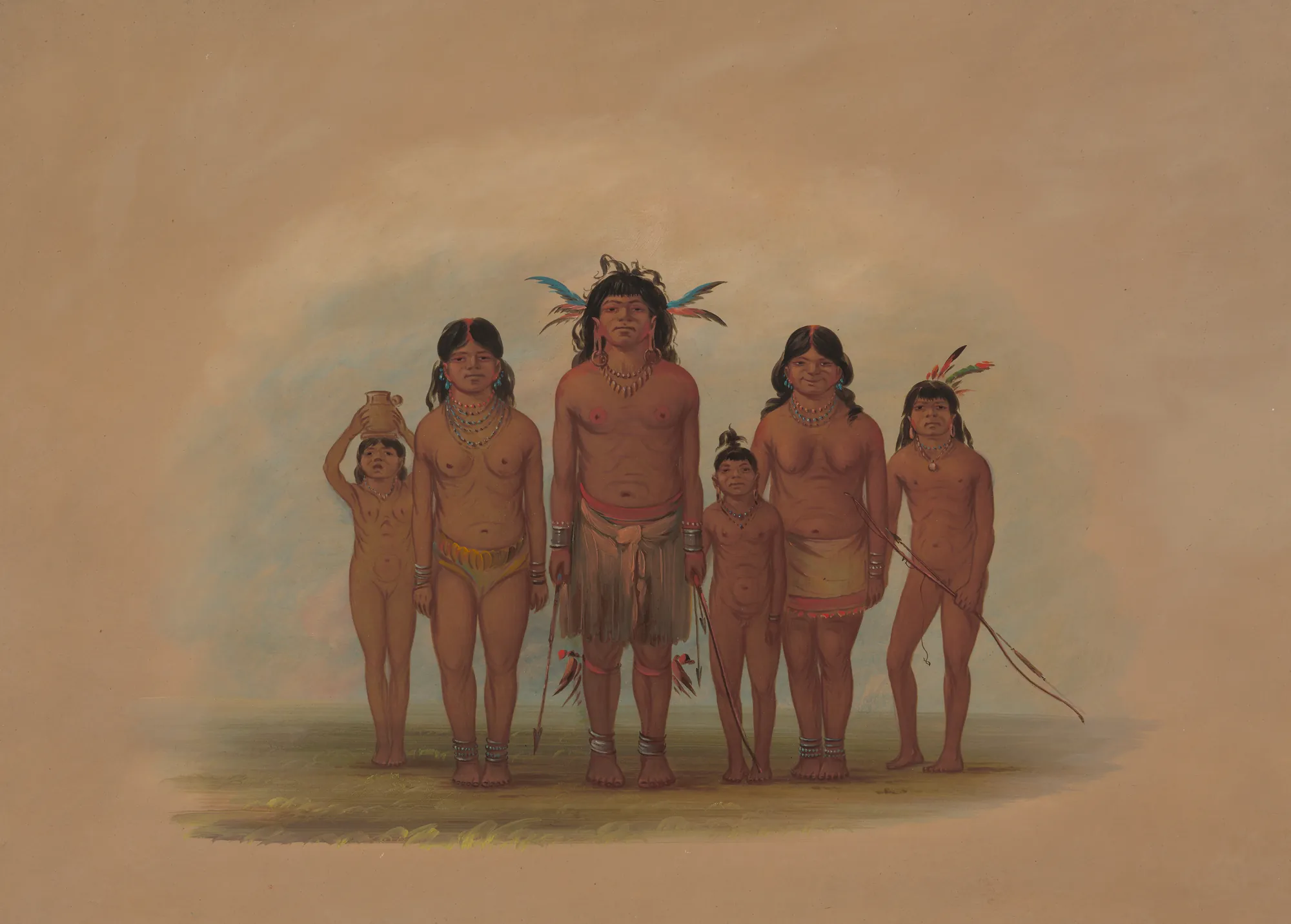 A Connibo Indian Family A Connibo Indian Family by George Catlin. A group portrait of an indigenous family of six standing against a soft, atmospheric tan background.