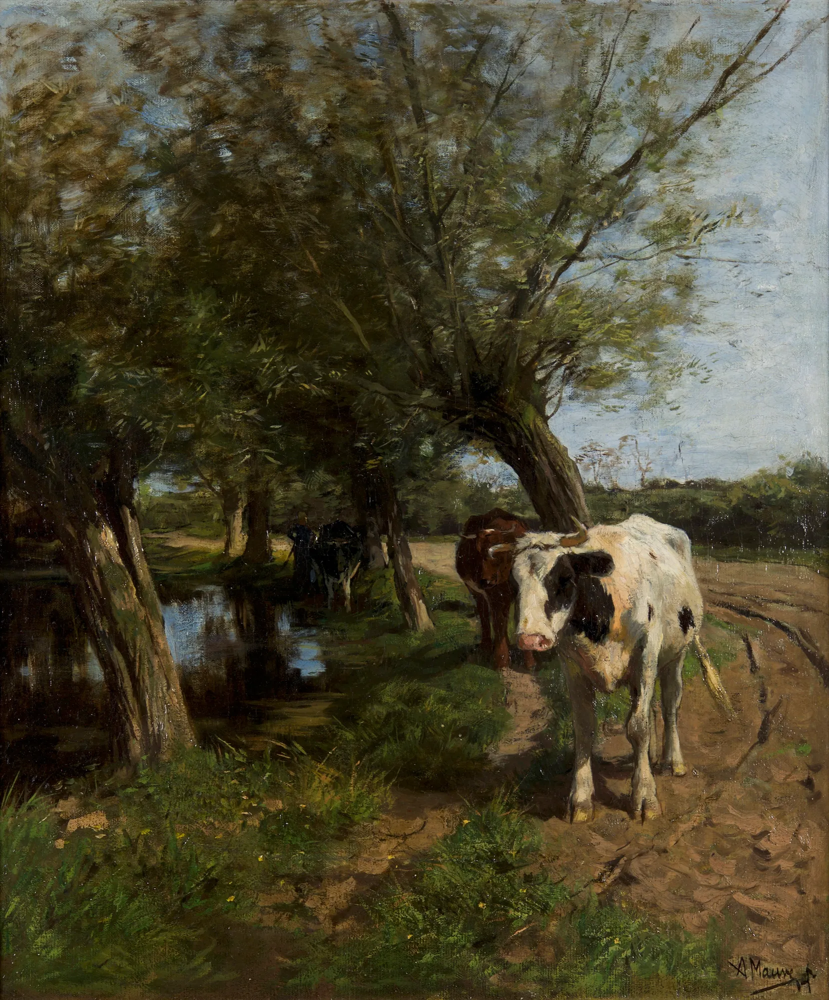 Een schaduwrijke oever Een schaduwrijke oever by Anton Mauve. A black and white cow stands on a dirt path beside a shaded riverbank where other cattle rest under a canopy of large trees.